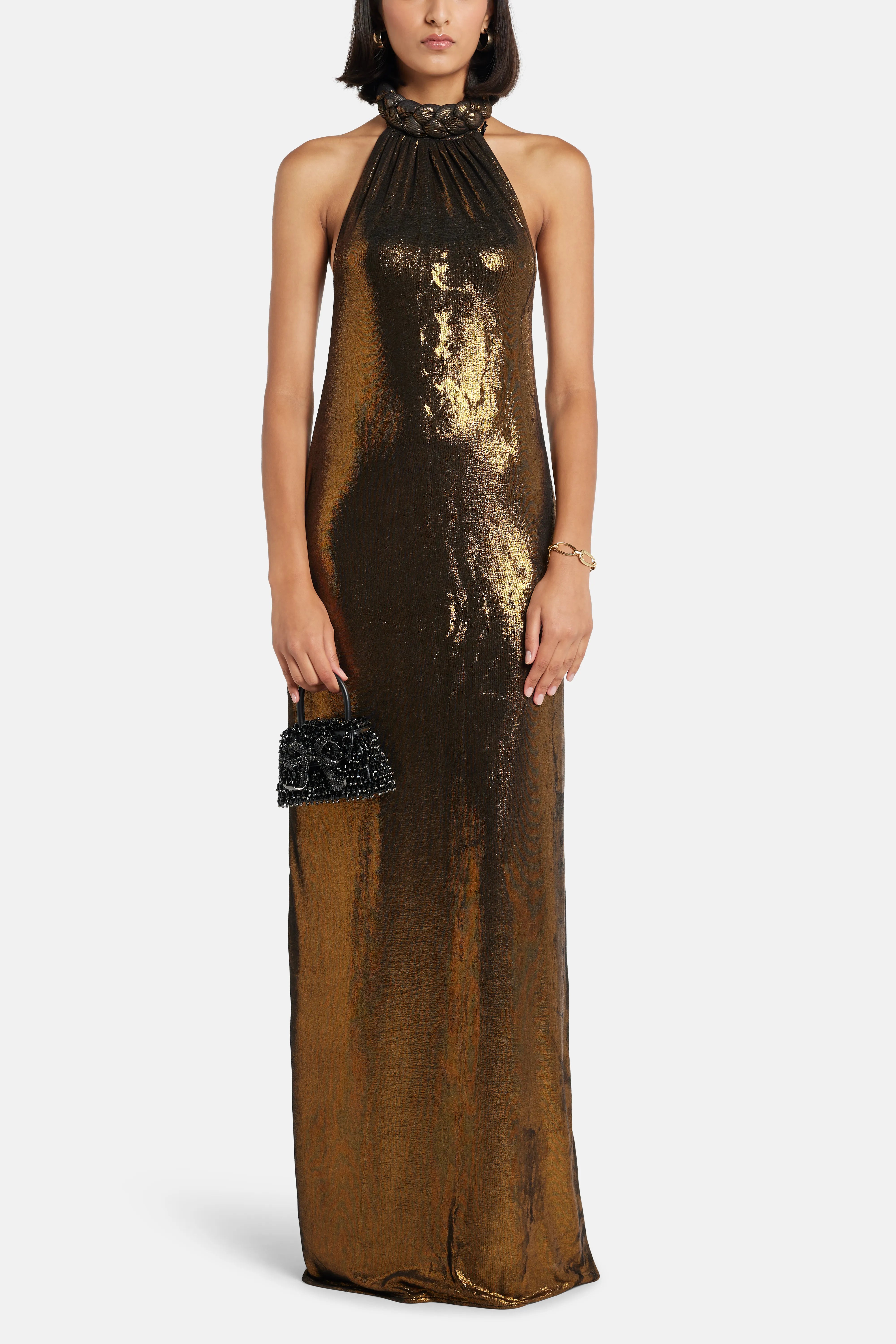 فستان كاميل طويل برقبة هالتر باللون البني