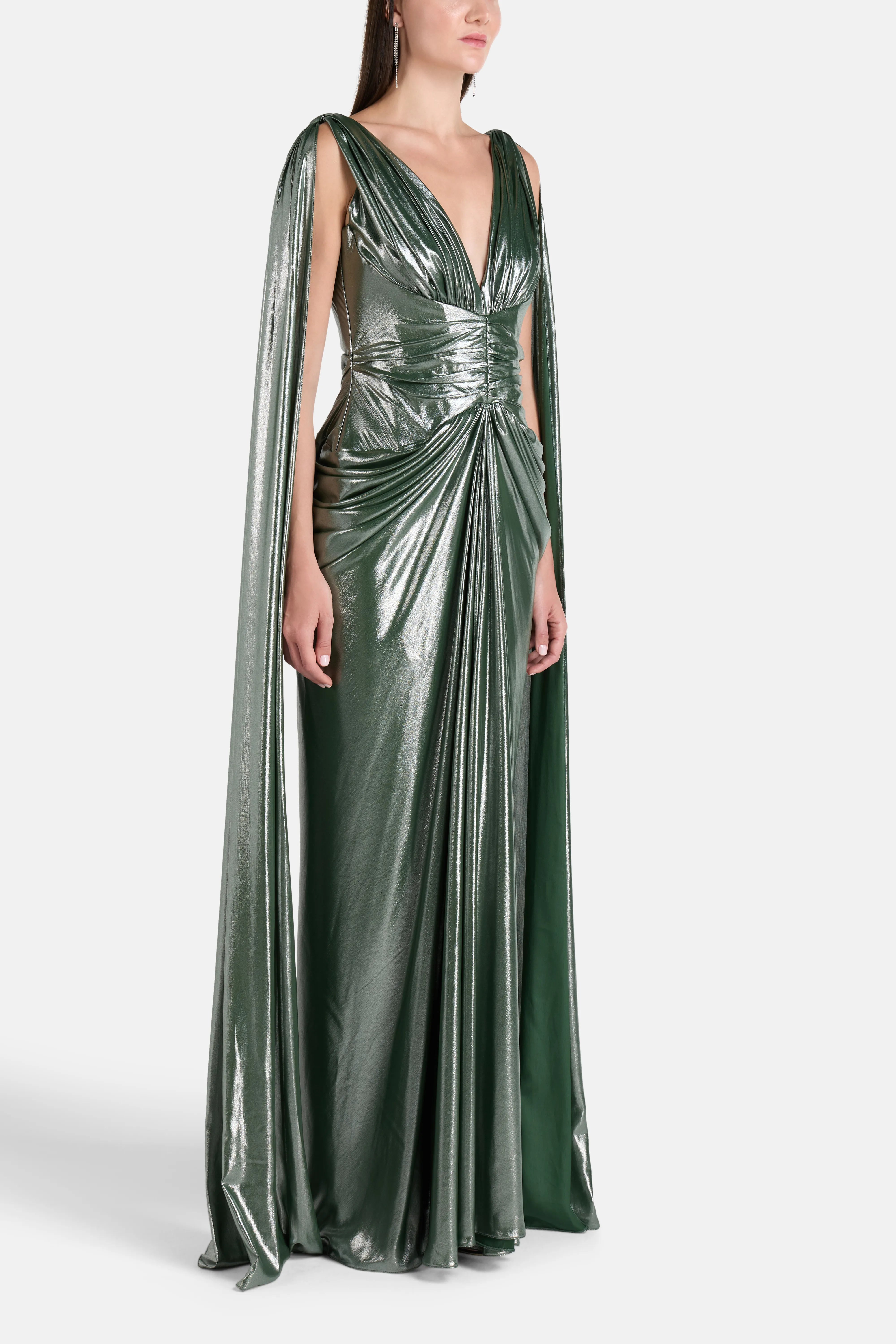 Layla Ruched Cape Sleeves Evening Dress in Green