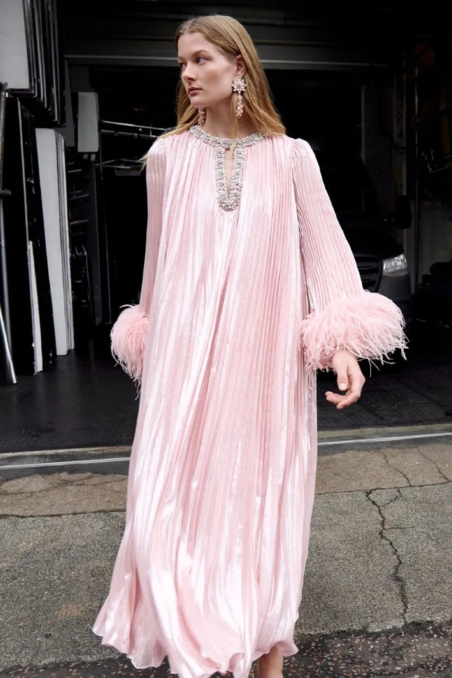 Metallic Chiffon Feather Pleated Evening Dress in Pink