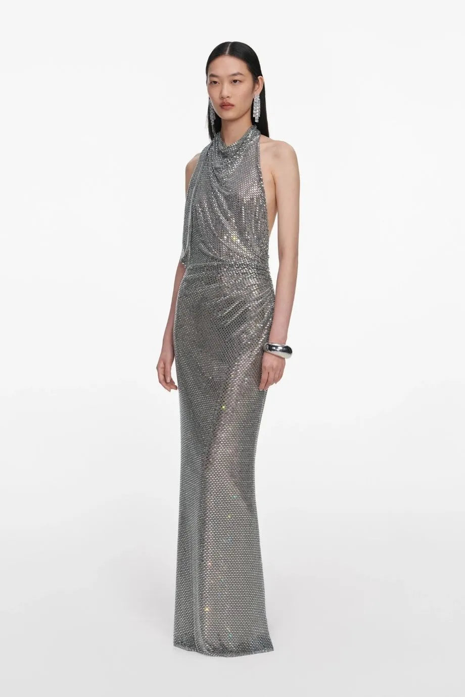 Sleeveless Rhinestone Drape Evening Dress in Grey