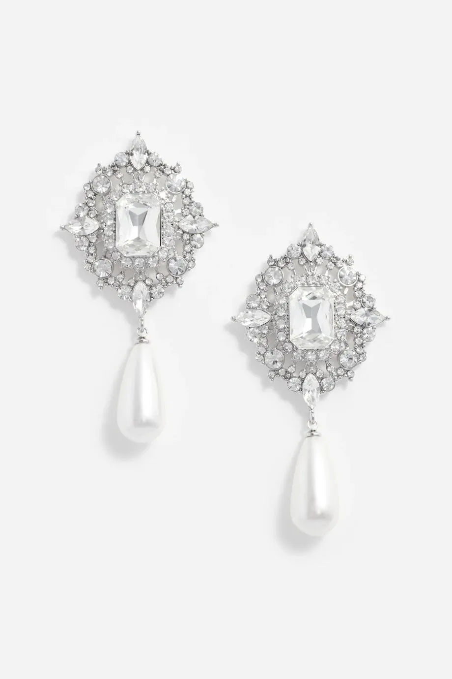 Crystal Pearl Droplet Earrings in Silver