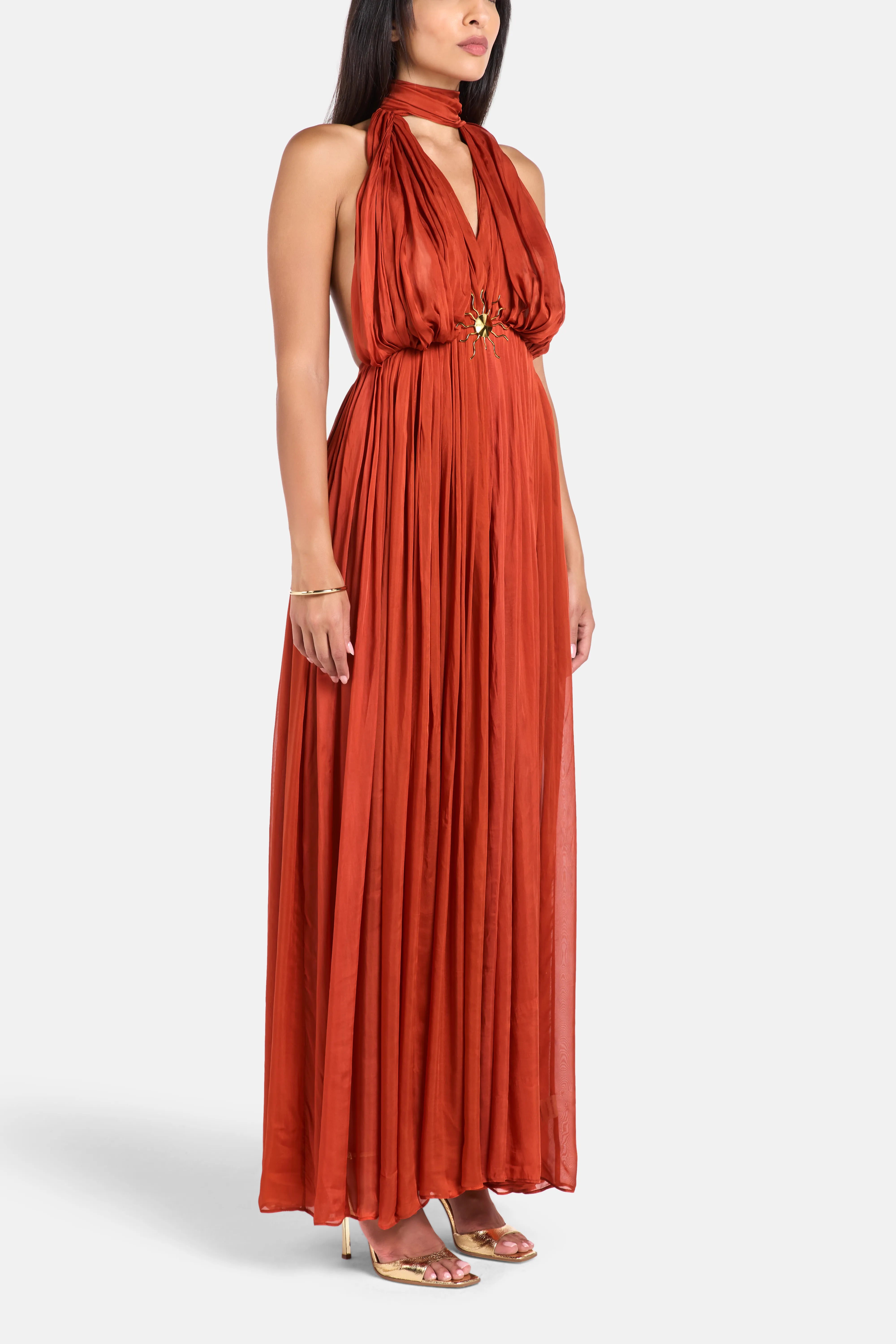 Melania Sleeveless Halter Neck Maxi Dress in Red