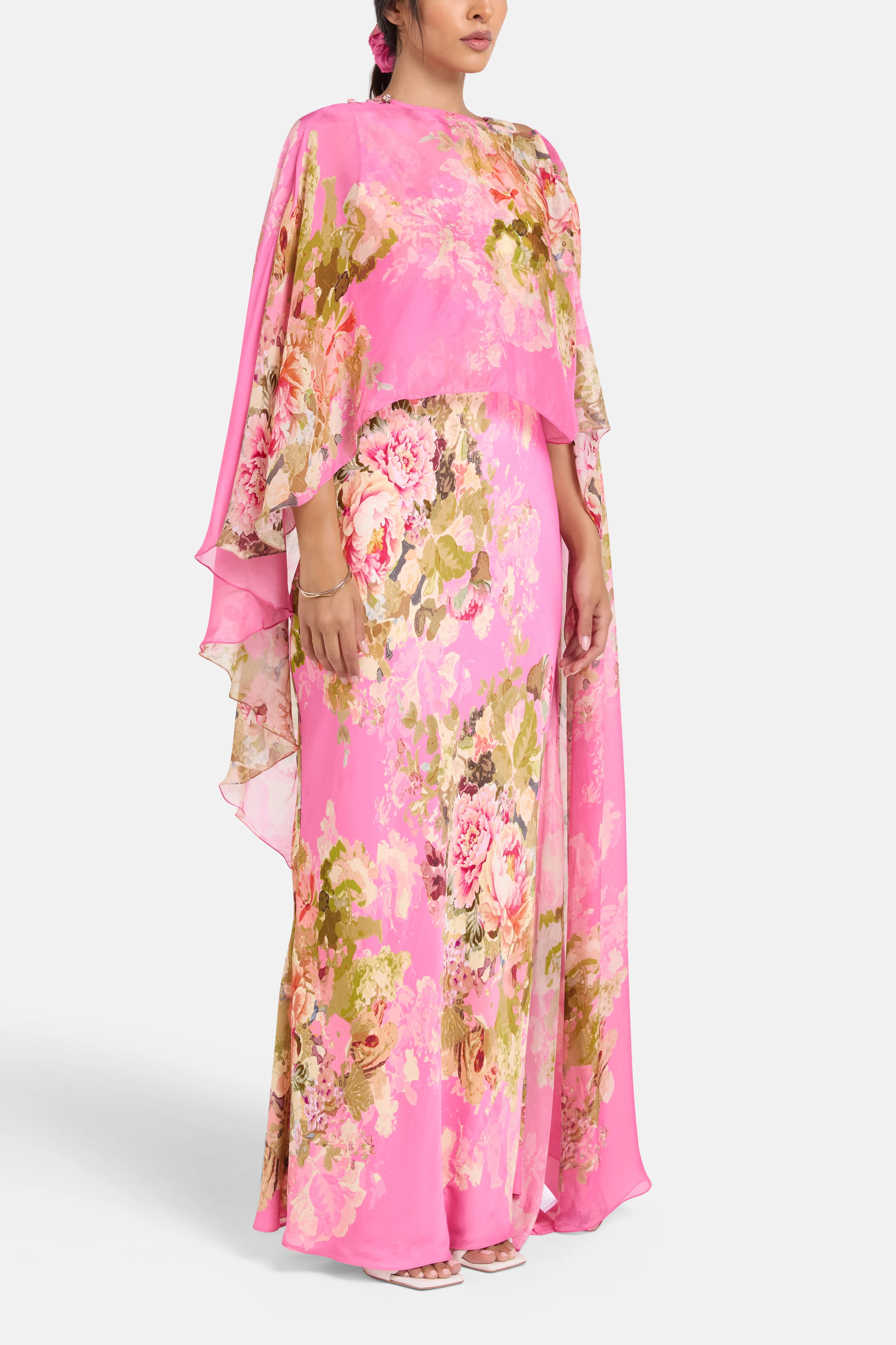 Saro Bias Floral Cape Maxi Dress in Pink