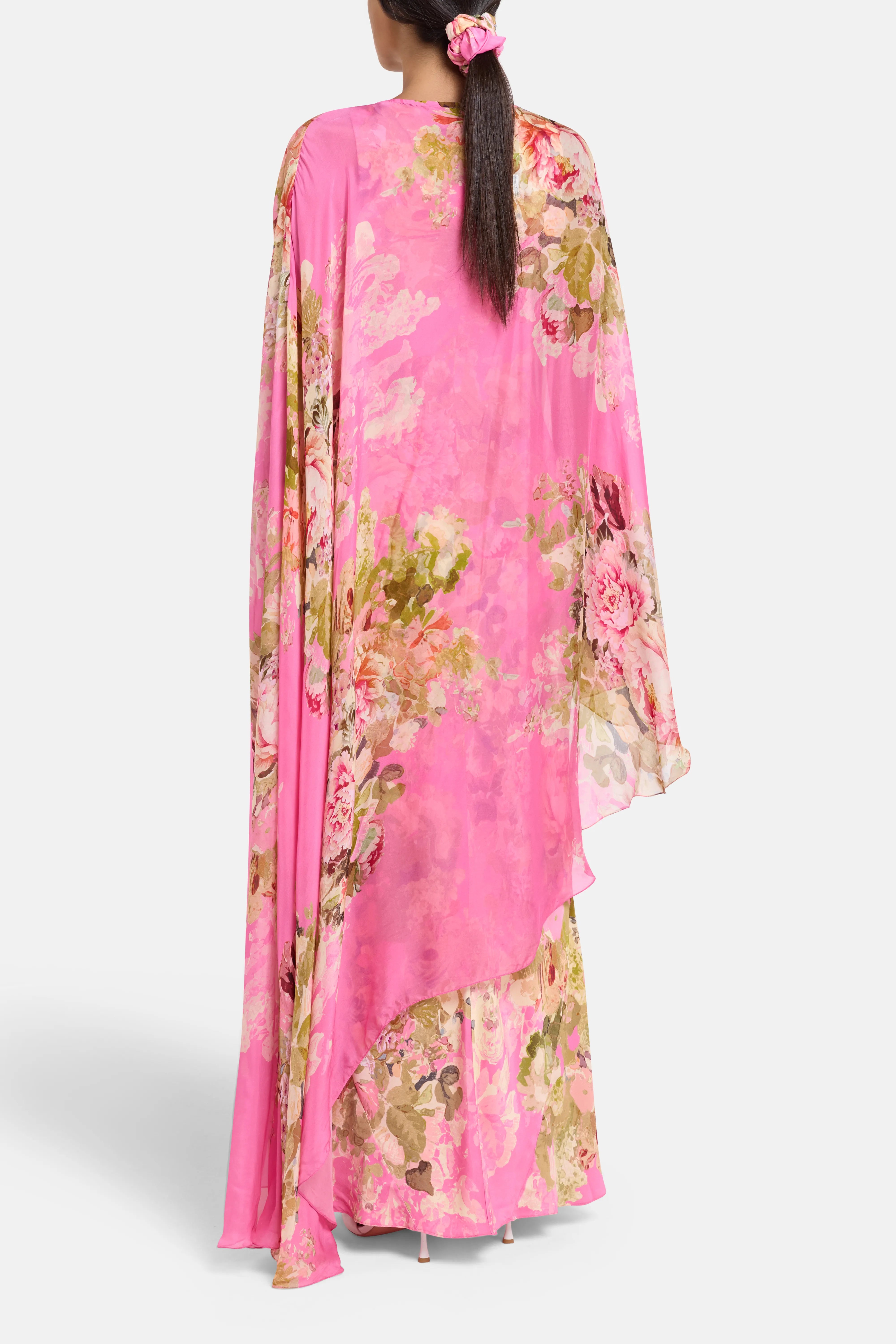 Saro Bias Floral Cape Maxi Dress in Pink