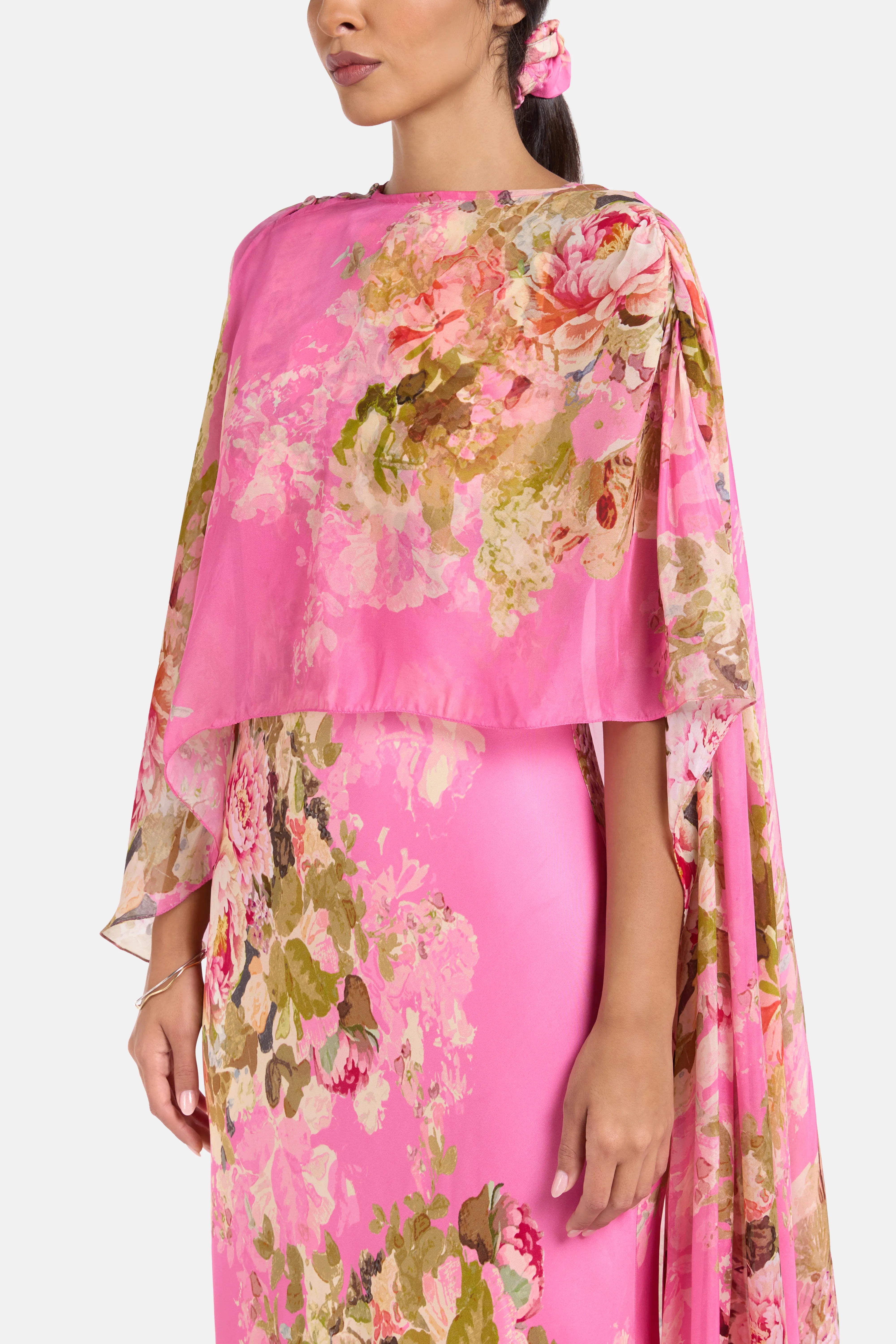 Saro Bias Floral Cape Maxi Dress in Pink