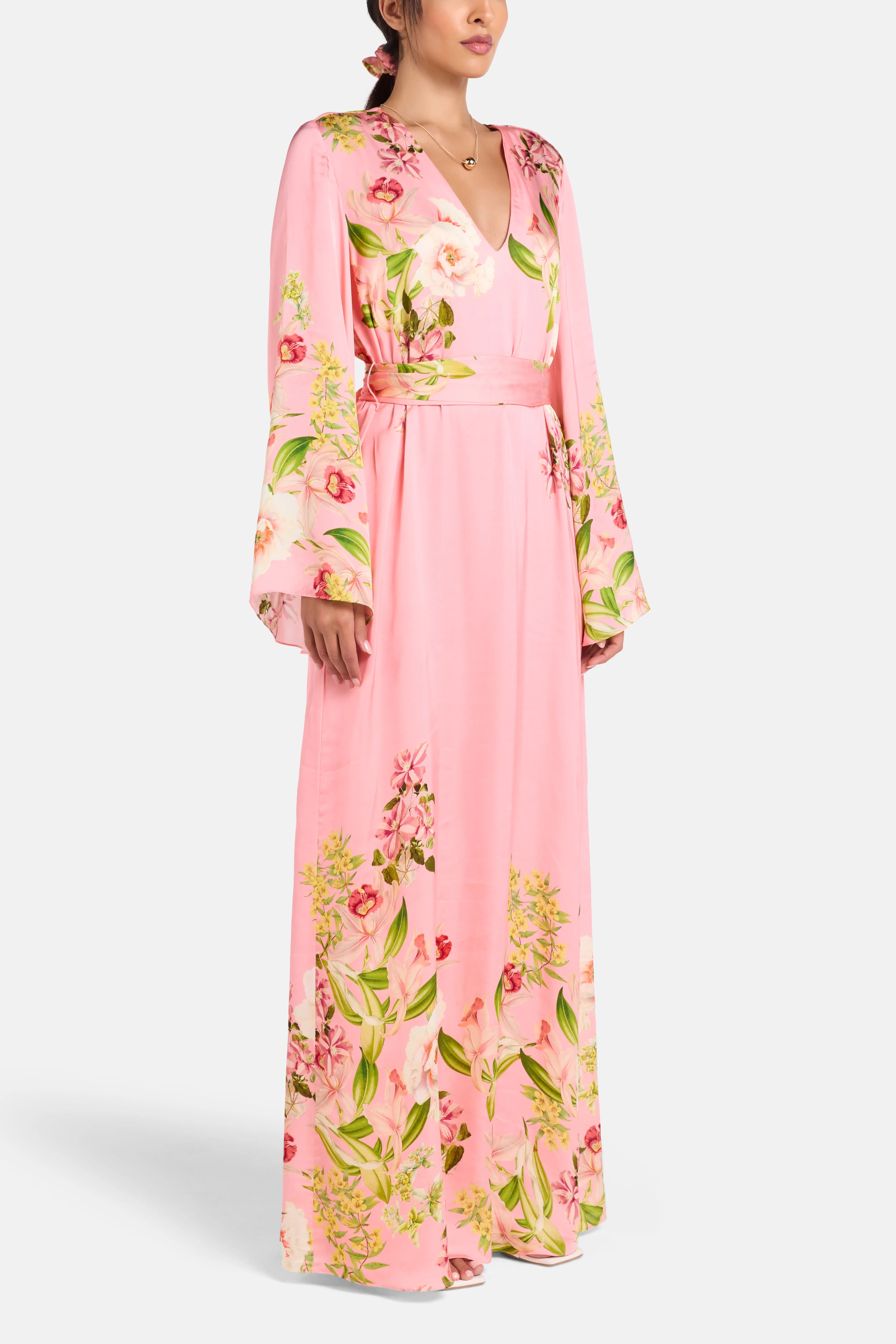 Floral Belted Maxi Kaftan in Pink