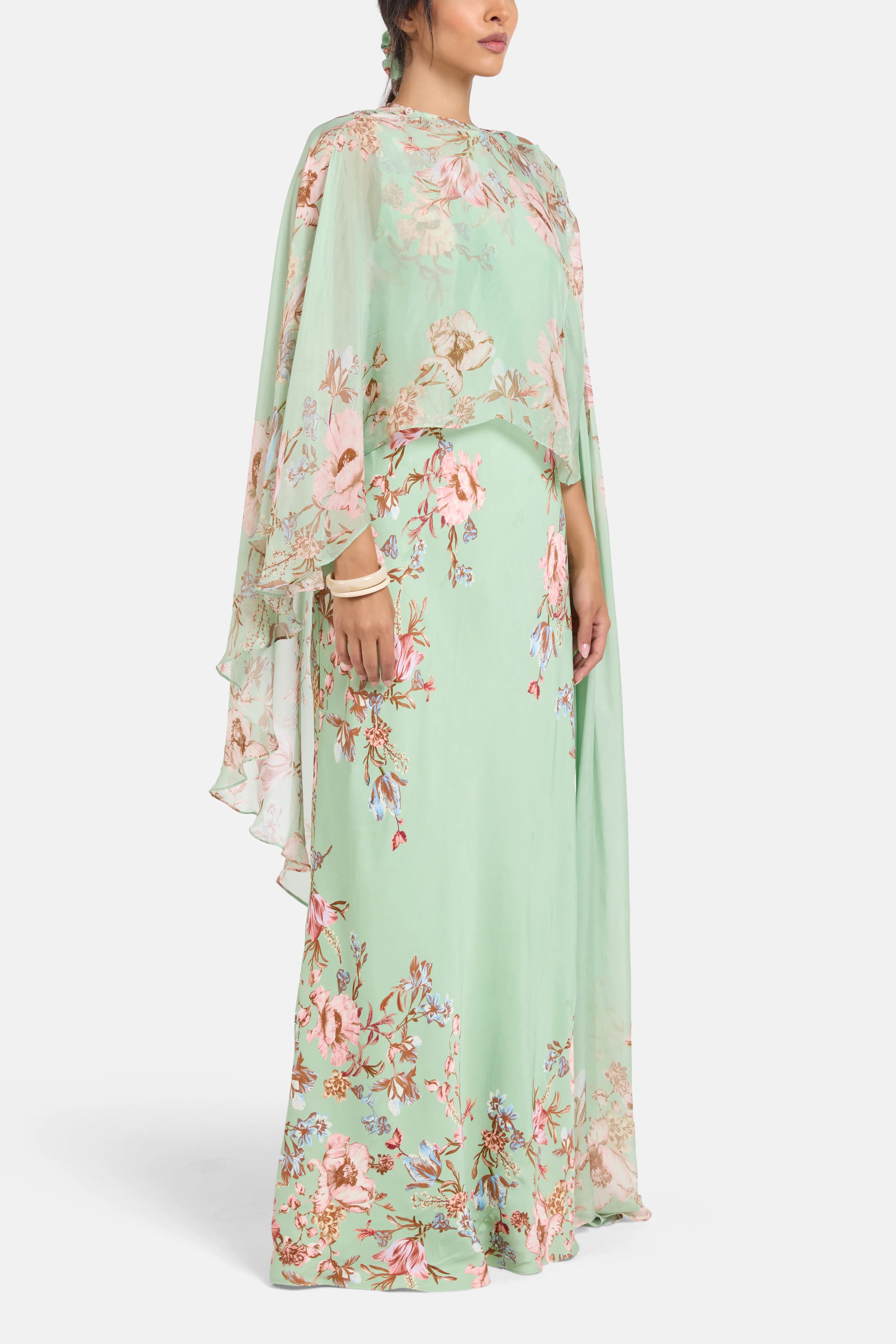 Ezra Bias Floral Cape Maxi Dress in Pink