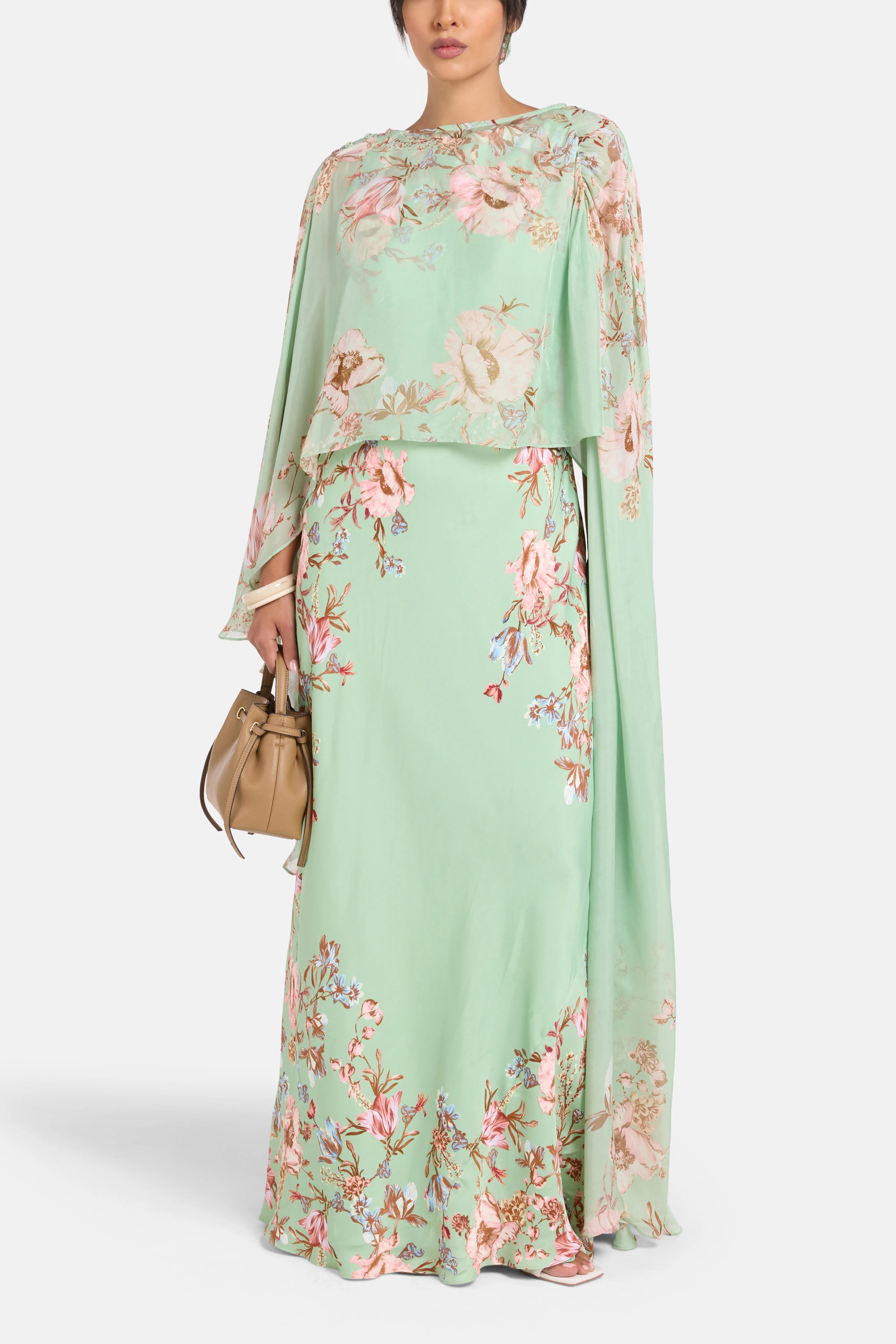 Ezra Bias Floral Cape Maxi Dress in Pink