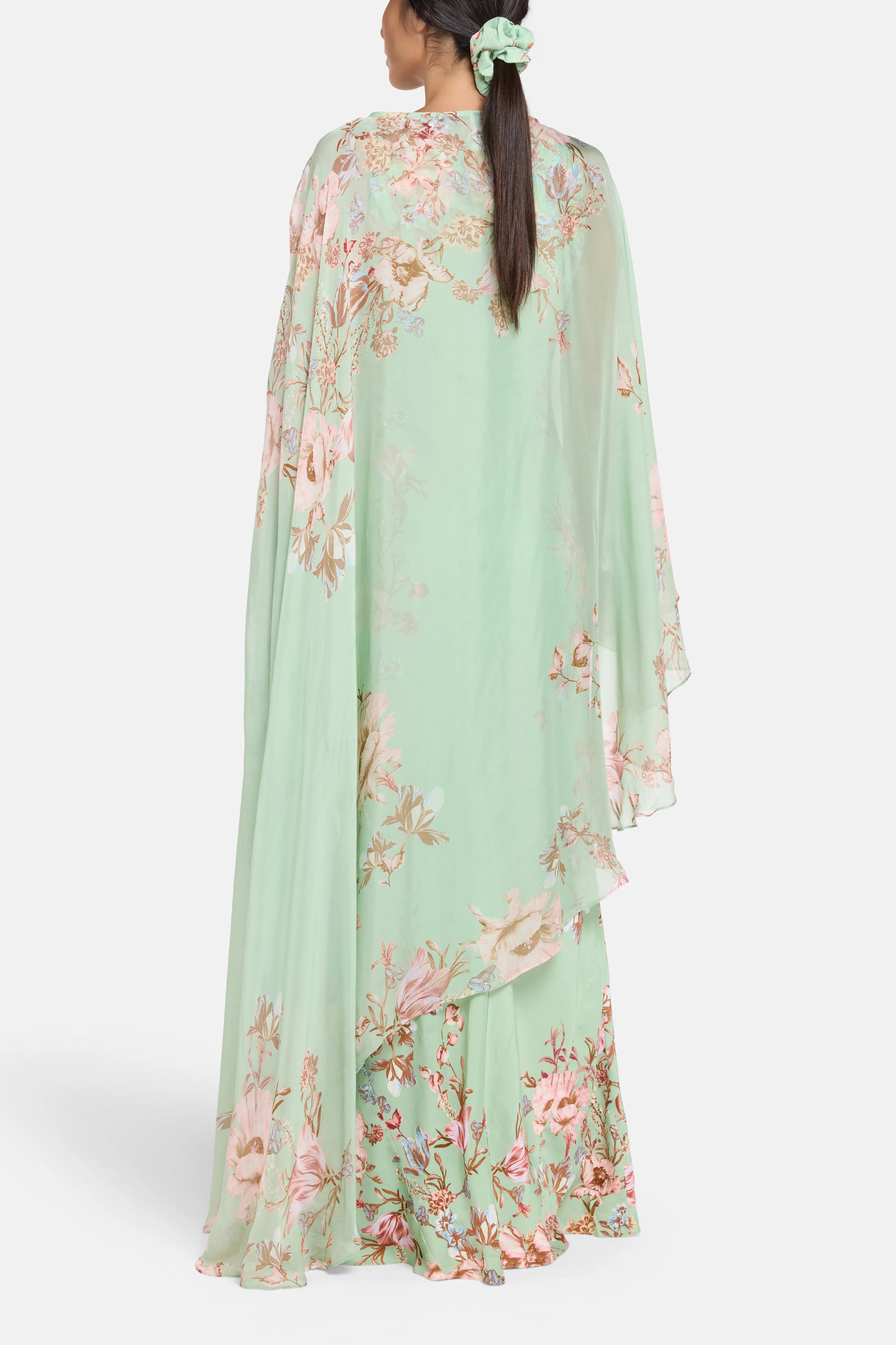 Ezra Bias Floral Cape Maxi Dress in Pink