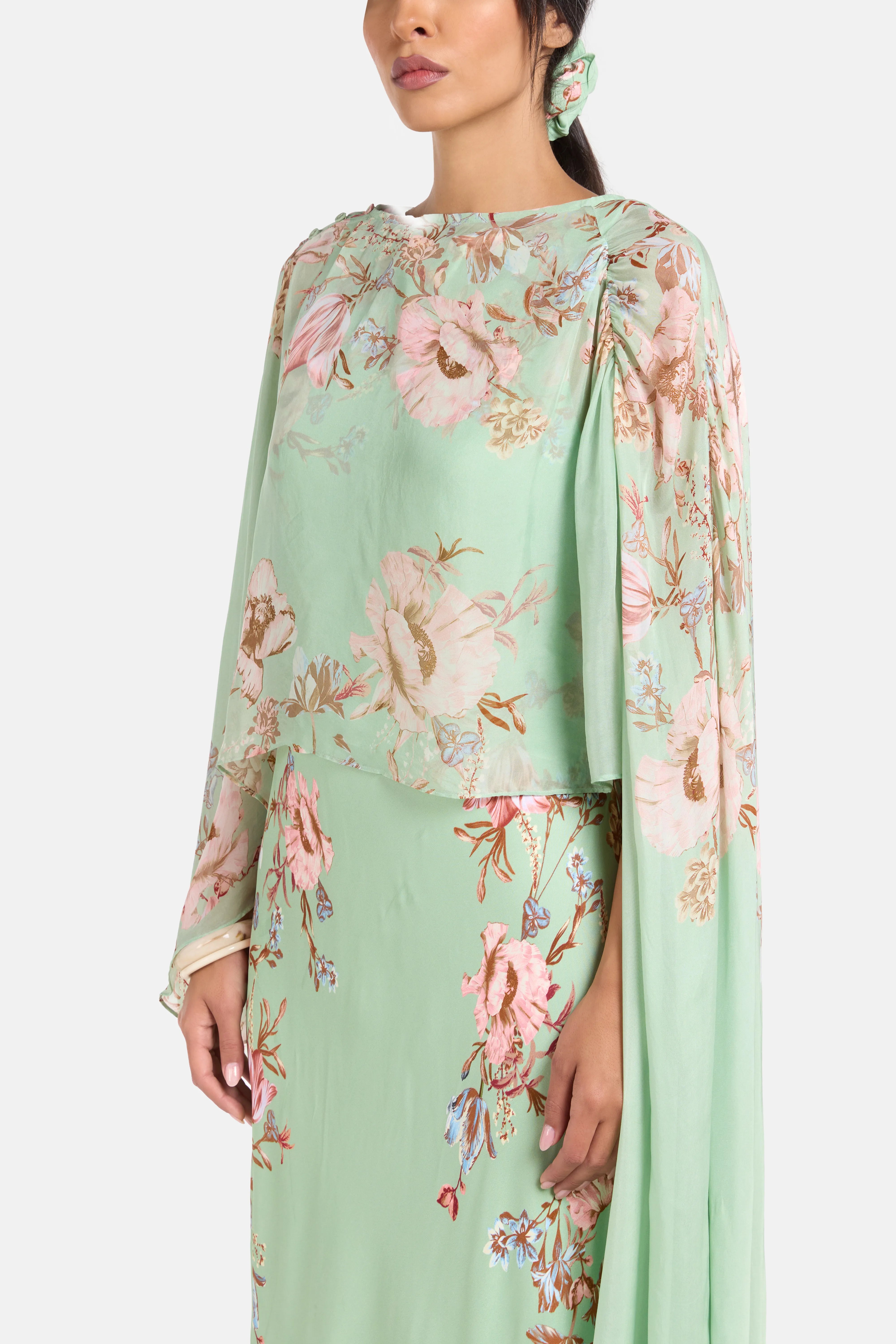 Ezra Bias Floral Cape Maxi Dress in Pink