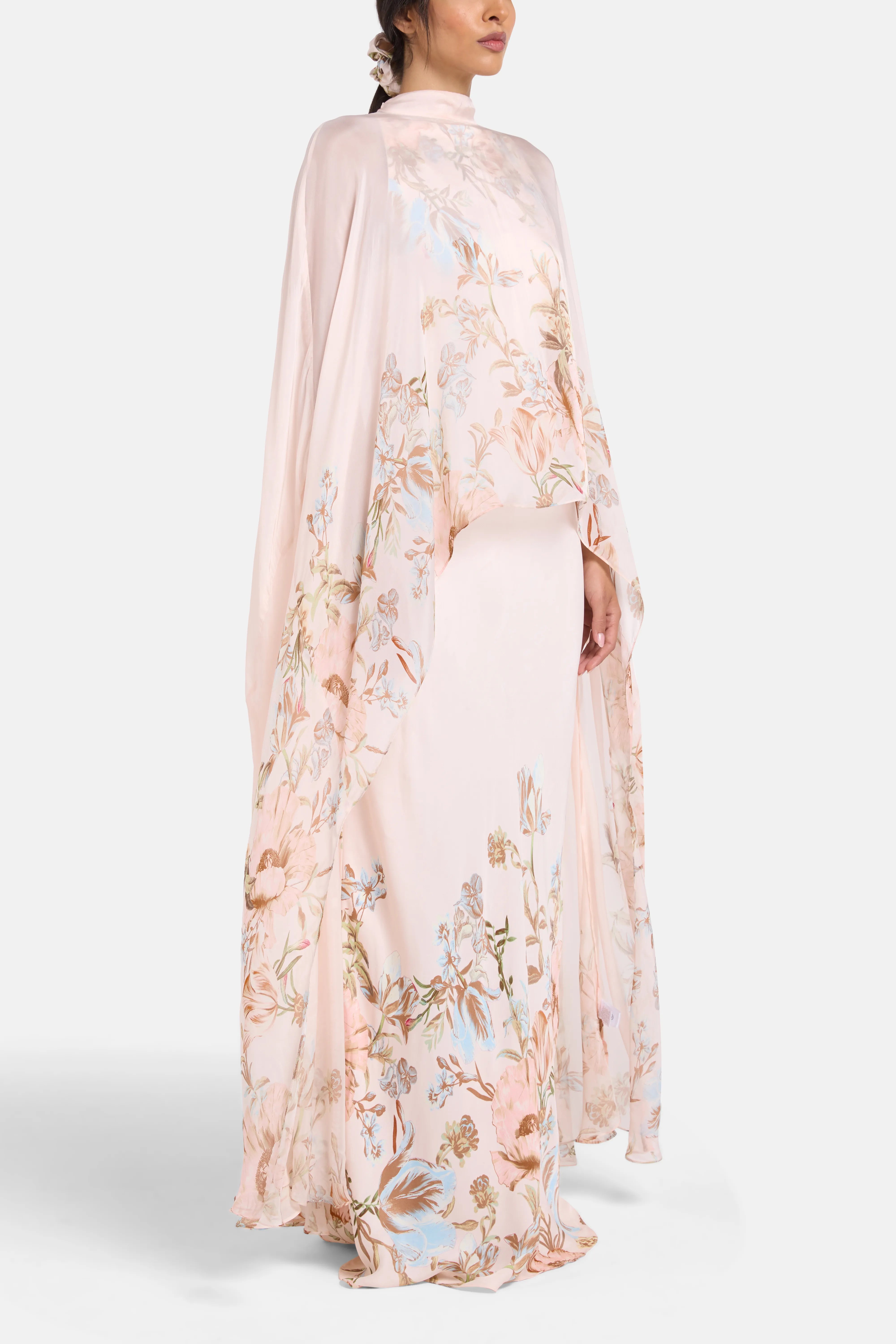 Bias Floral Cape Maxi Dress in Beige
