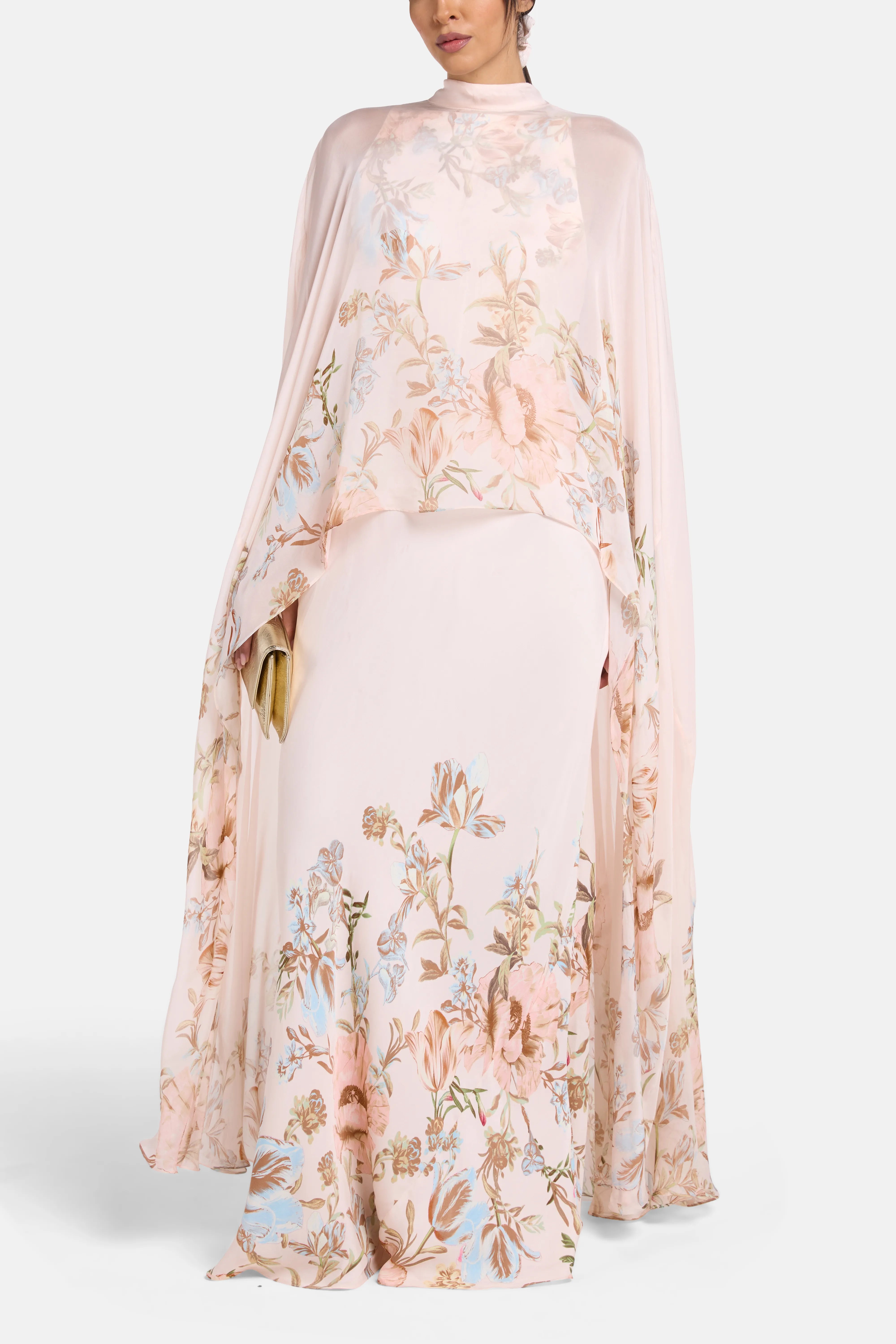 Bias Floral Cape Maxi Dress in Beige