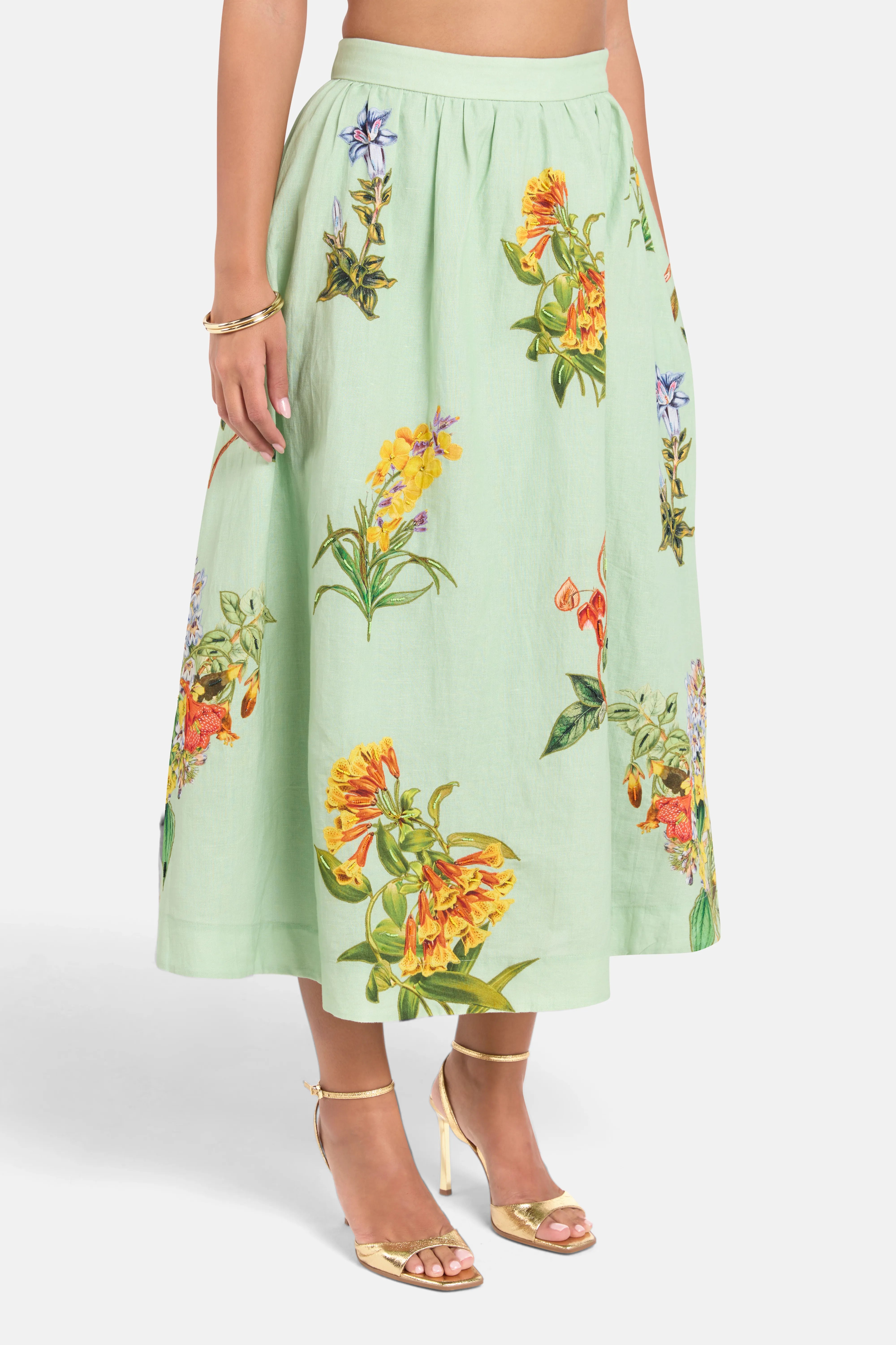 Baku Floral Linen Cotton Midi Skirt in Green