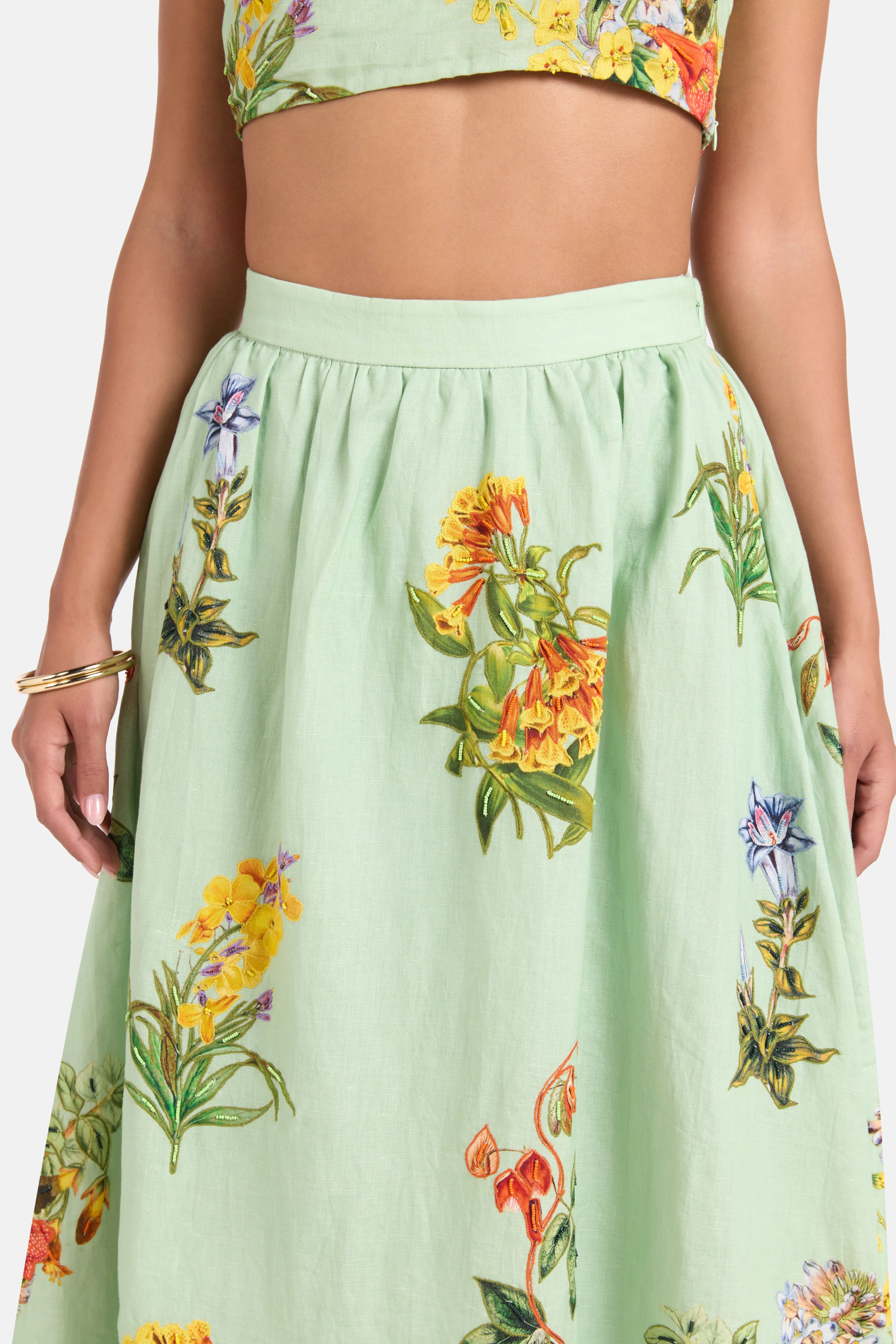 Baku Floral Linen Cotton Midi Skirt in Green