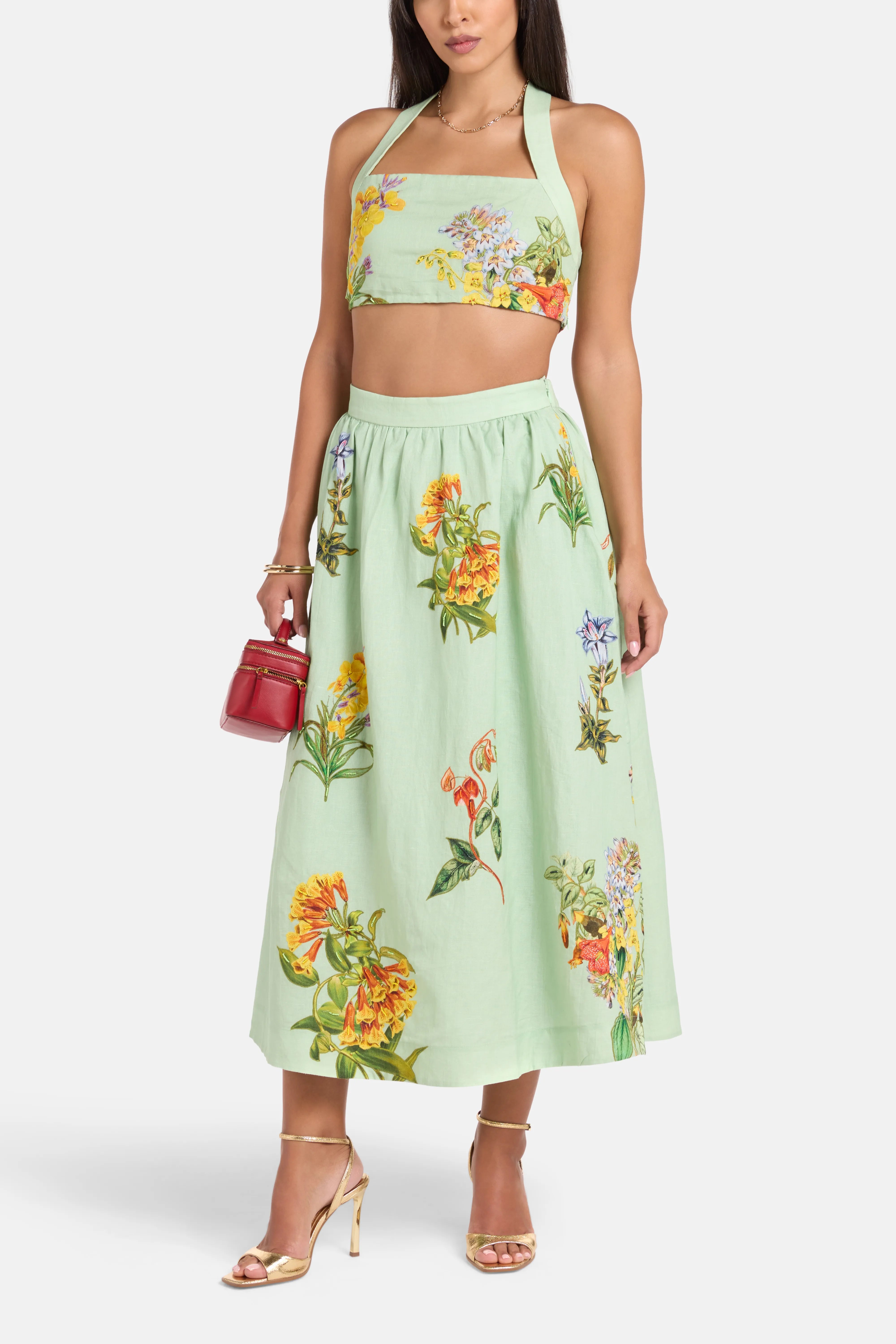 Baku Floral Sleeveless Linen Cotton Crop Top in Green