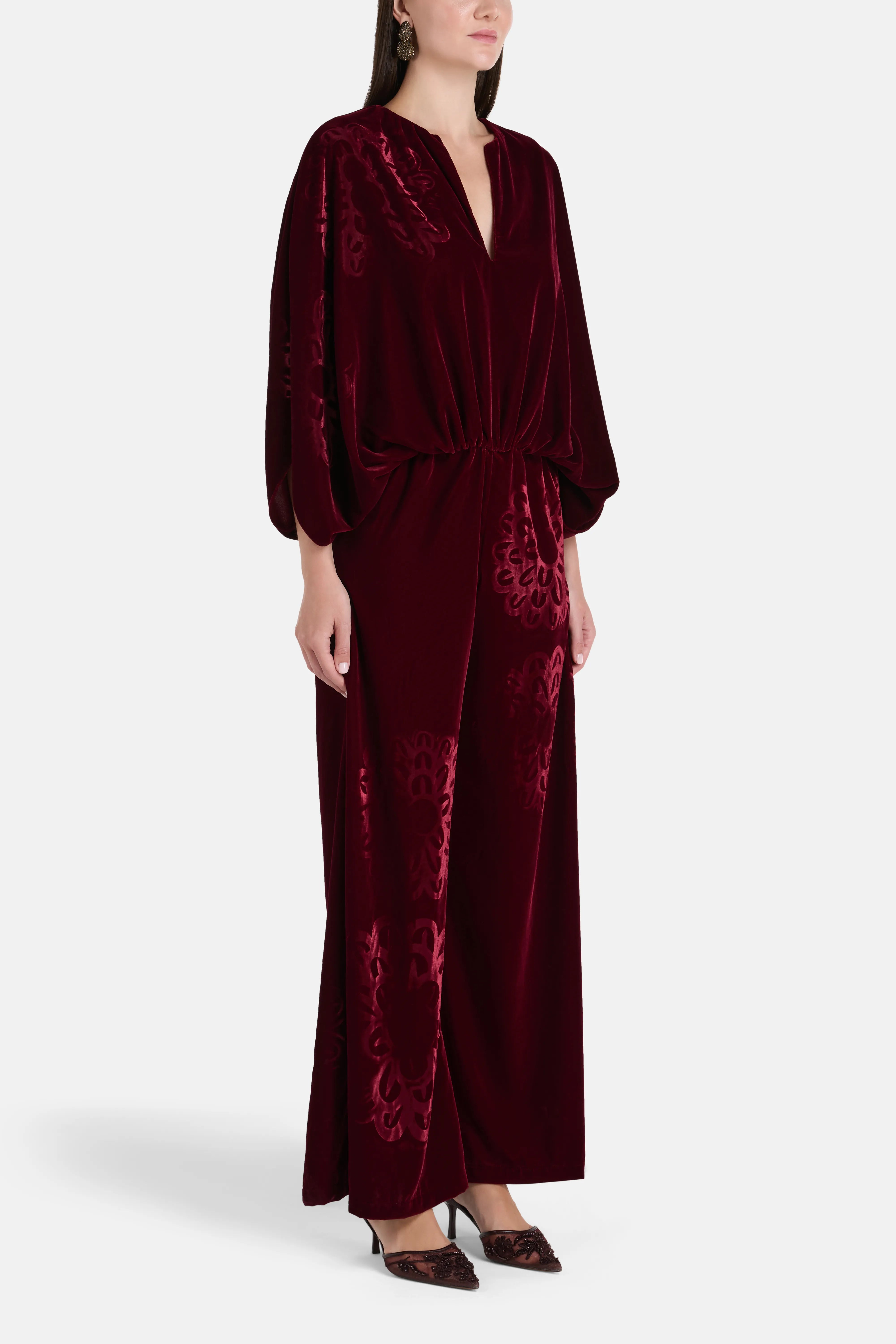 Anthos Imposed Silk Velvet Blend Jumpsuit in Red