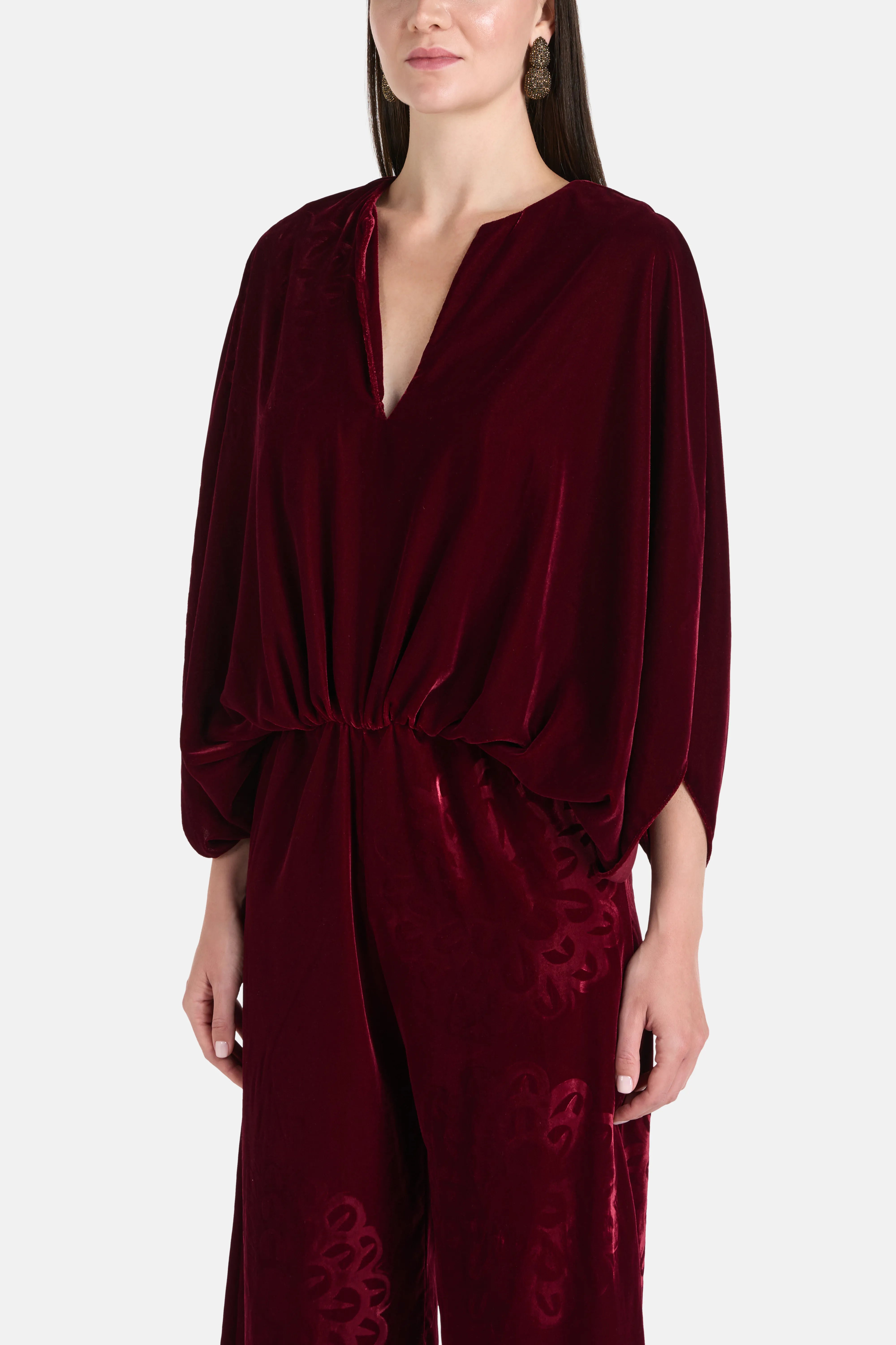 Anthos Imposed Silk Velvet Blend Jumpsuit in Red