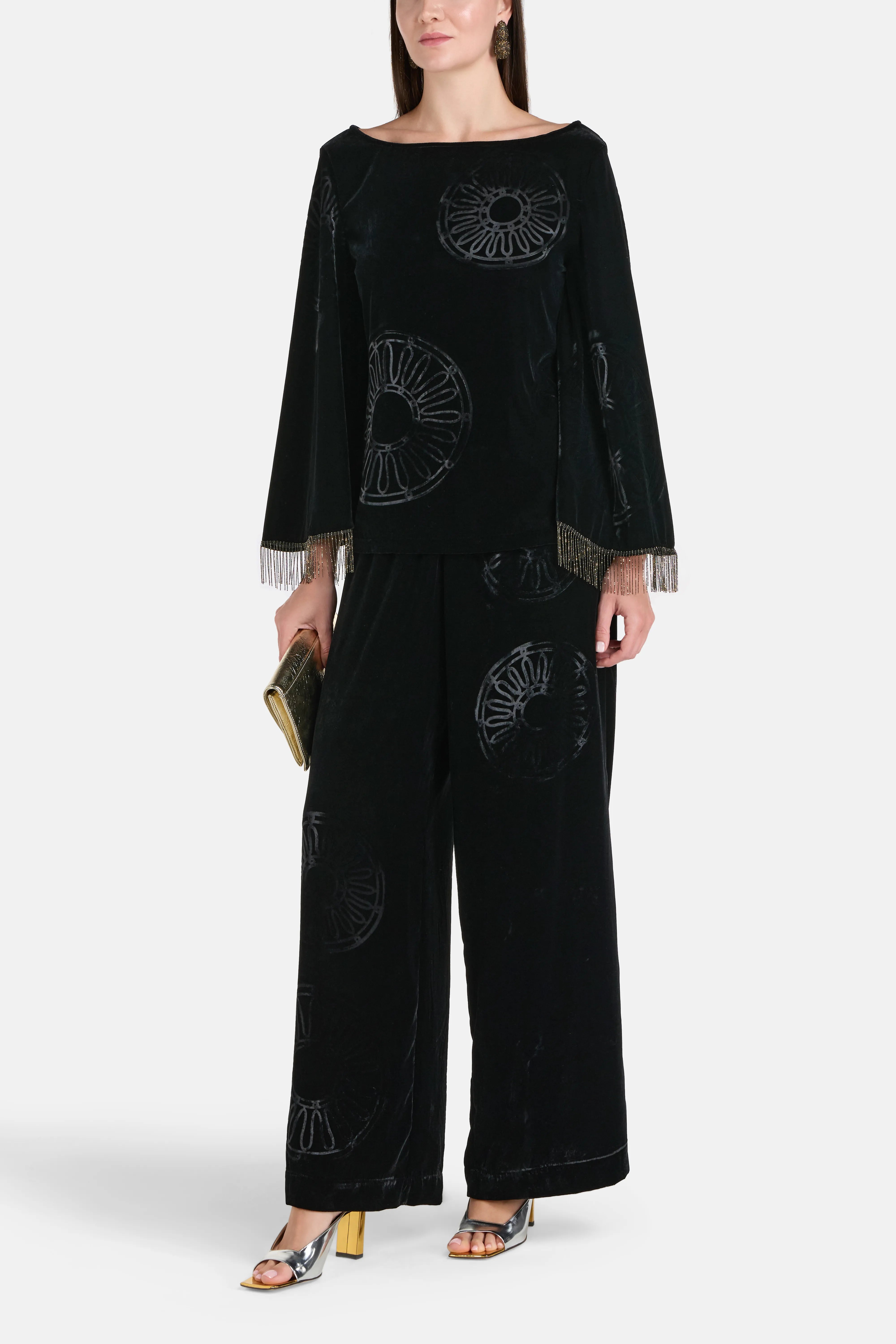 Kyma Silk Velvet Blend Embellished Open Back Blouse in Black