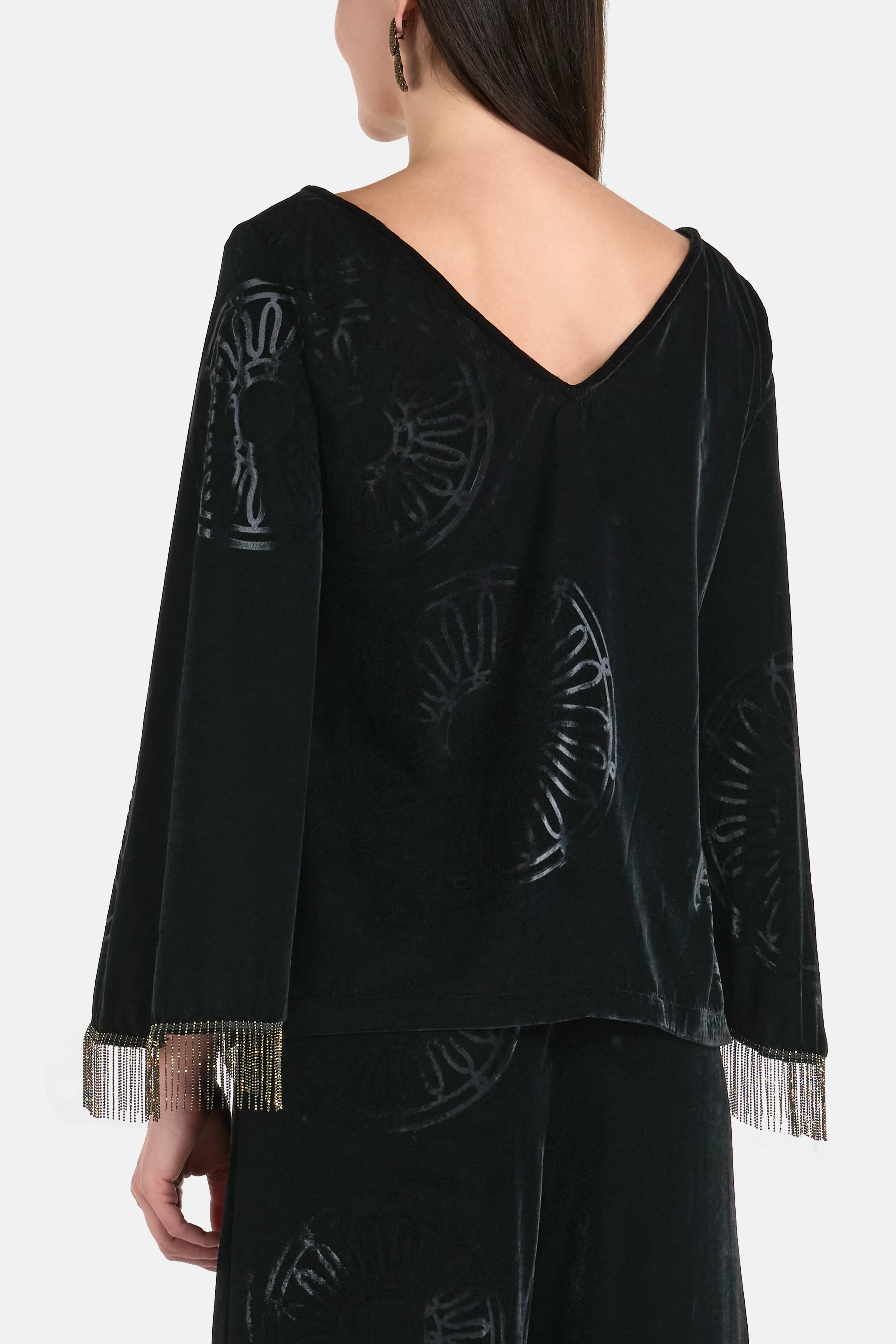 Kyma Silk Velvet Blend Embellished Open Back Blouse in Black