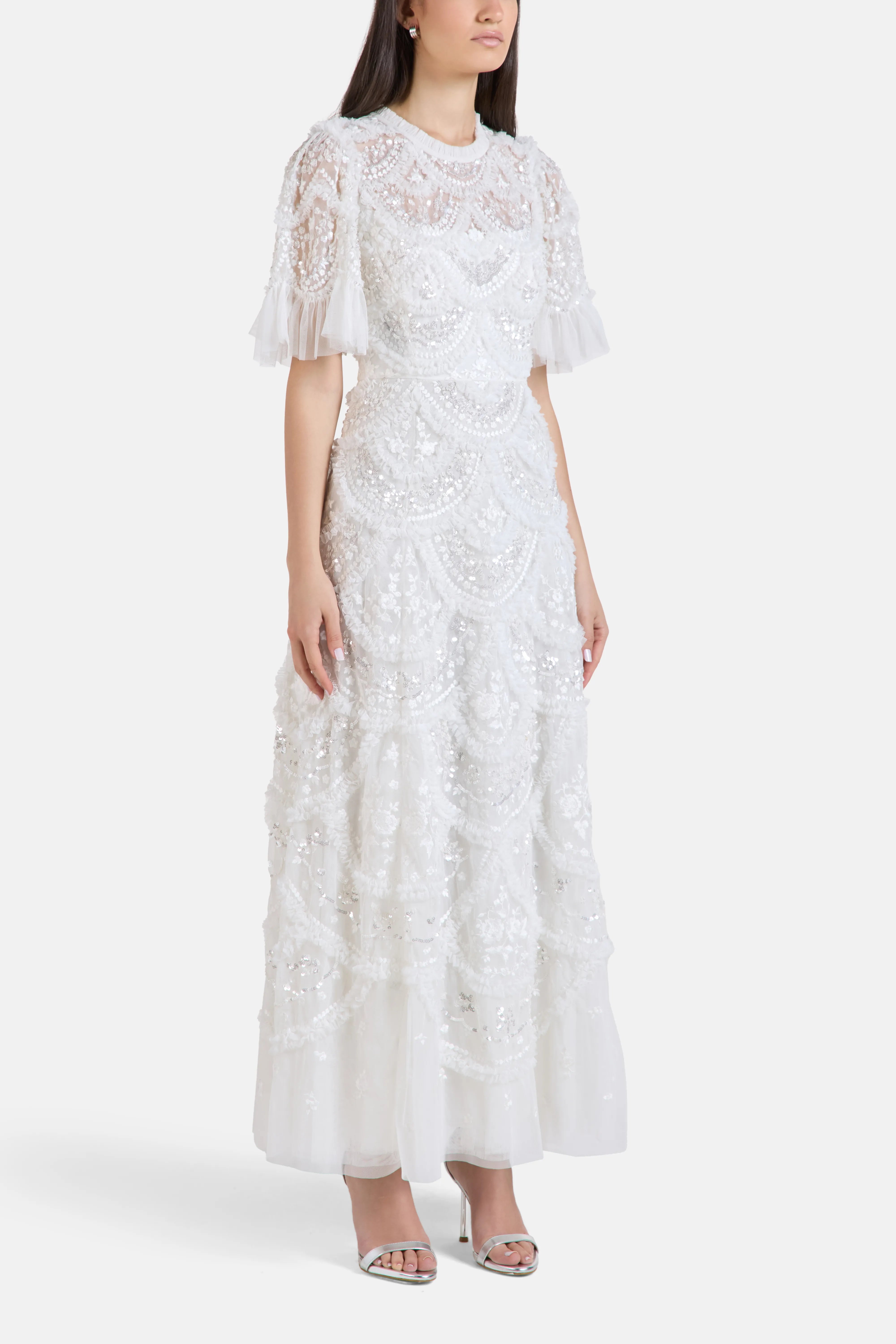 Carmen Floral Sequins Evening Dress in White