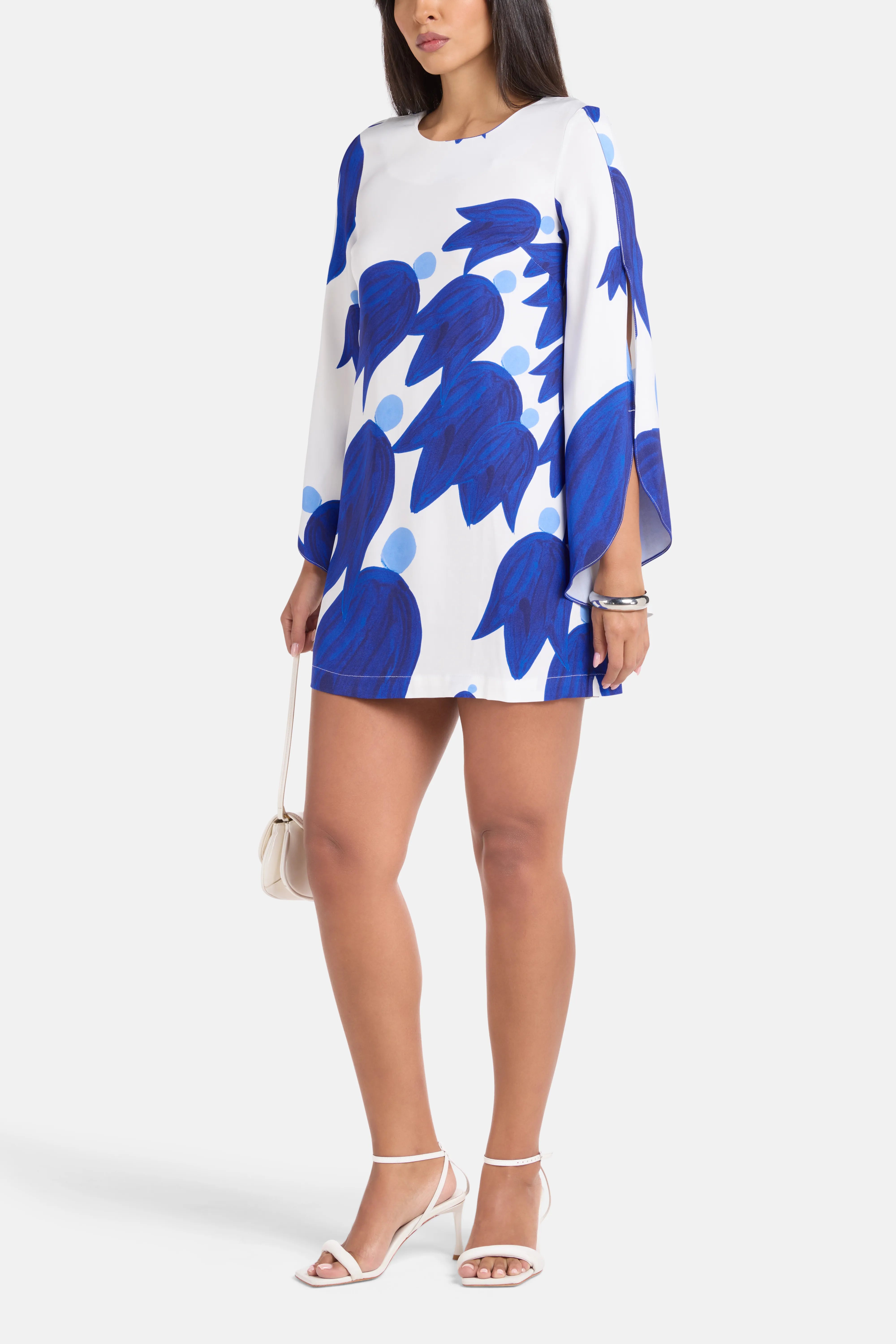 Theano Sabra Cape Sleeves Silk Mini Dress in Blue and White