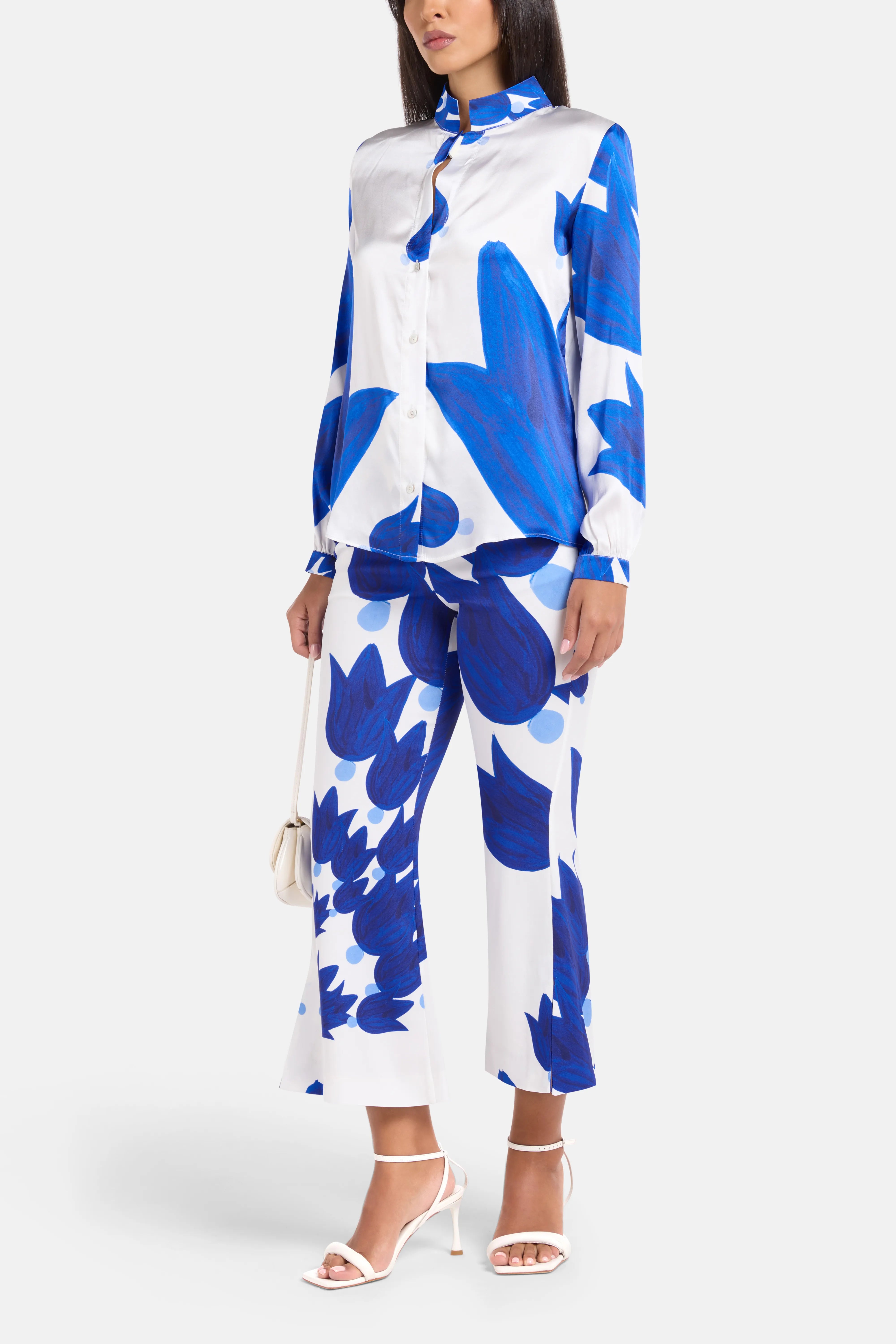 Theano Button Up Silk Shirt in White and Blue