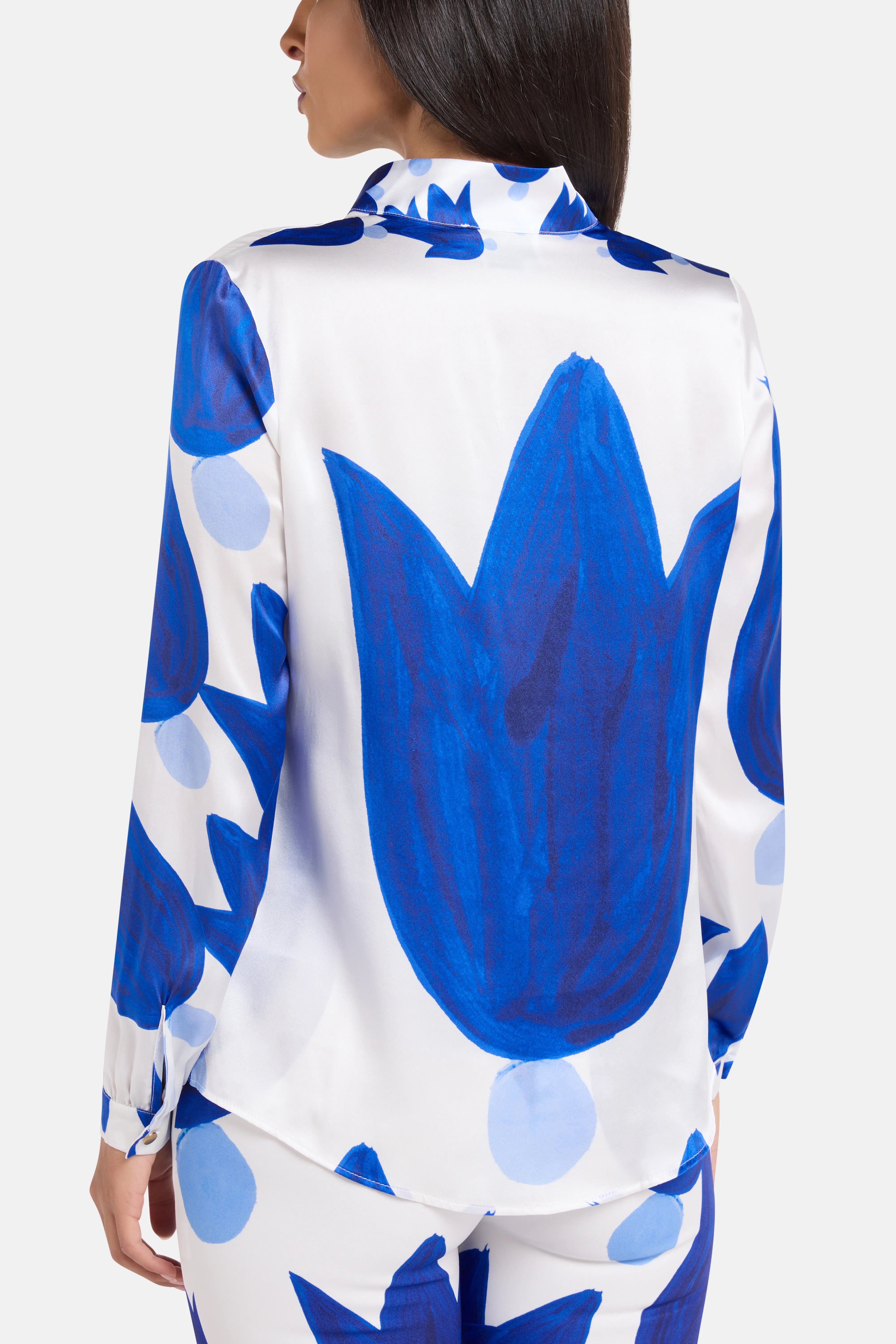 Theano Button Up Silk Shirt in White and Blue