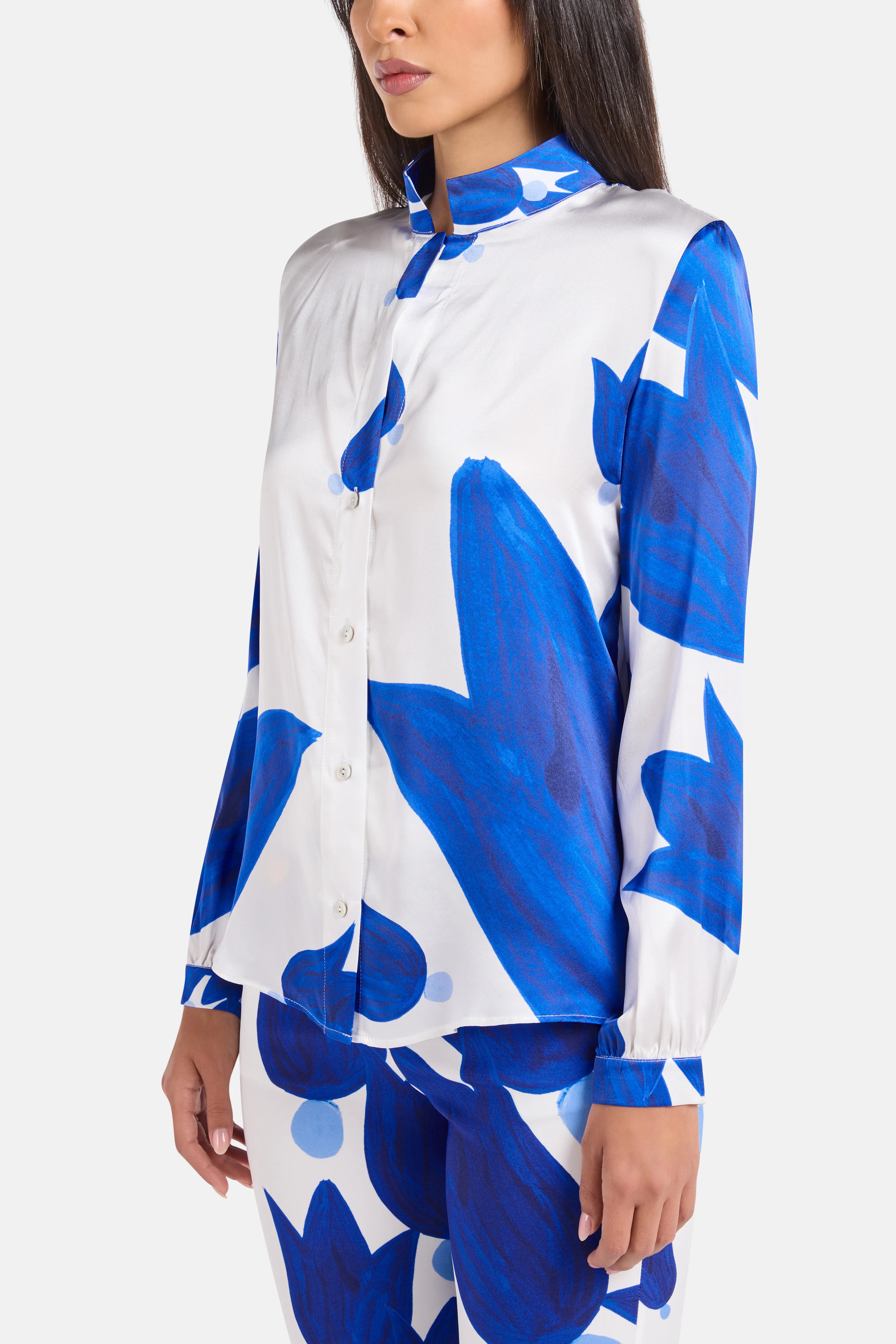 Theano Button Up Silk Shirt in White and Blue