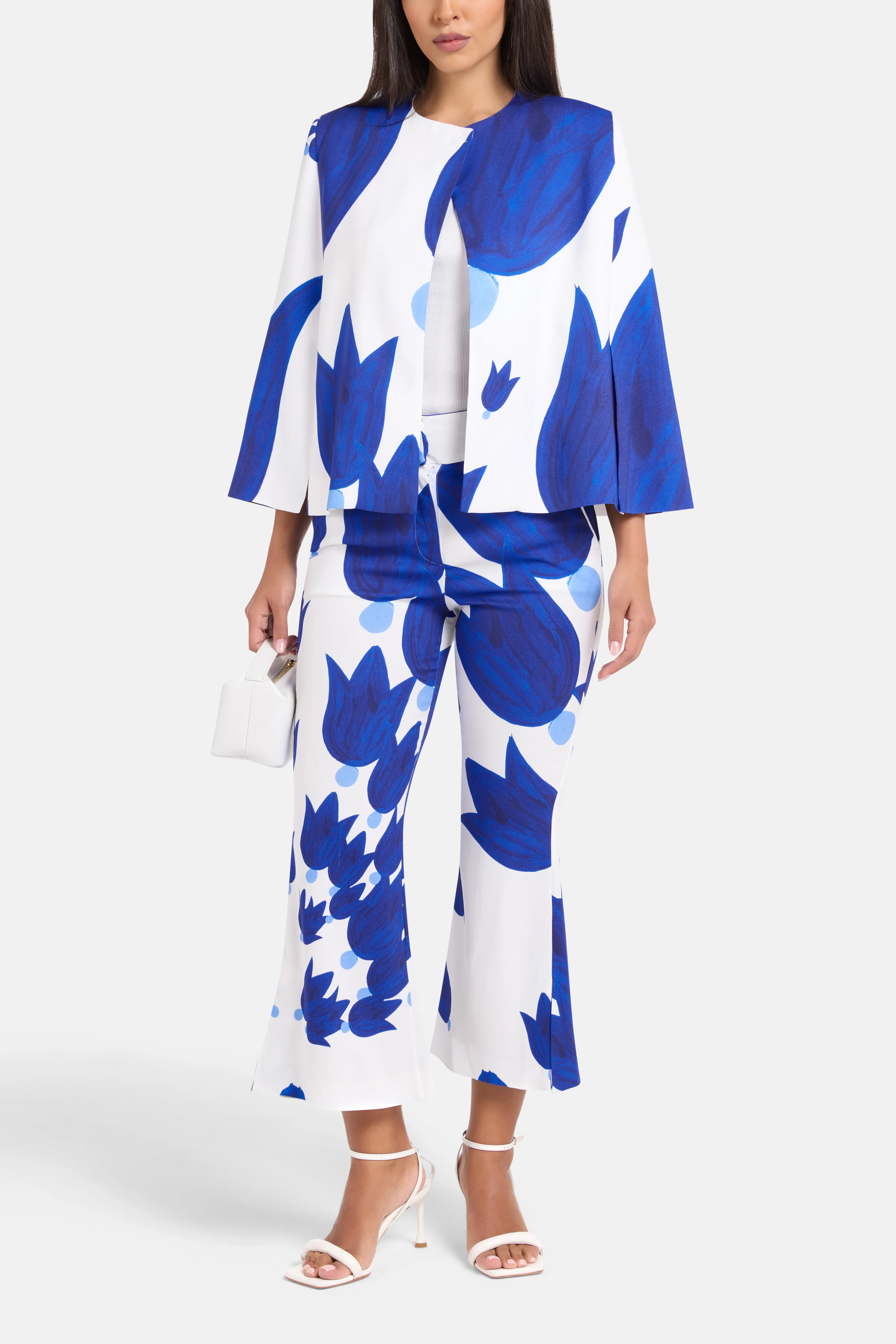 Theano Patterned Cape Coat in Blue and White