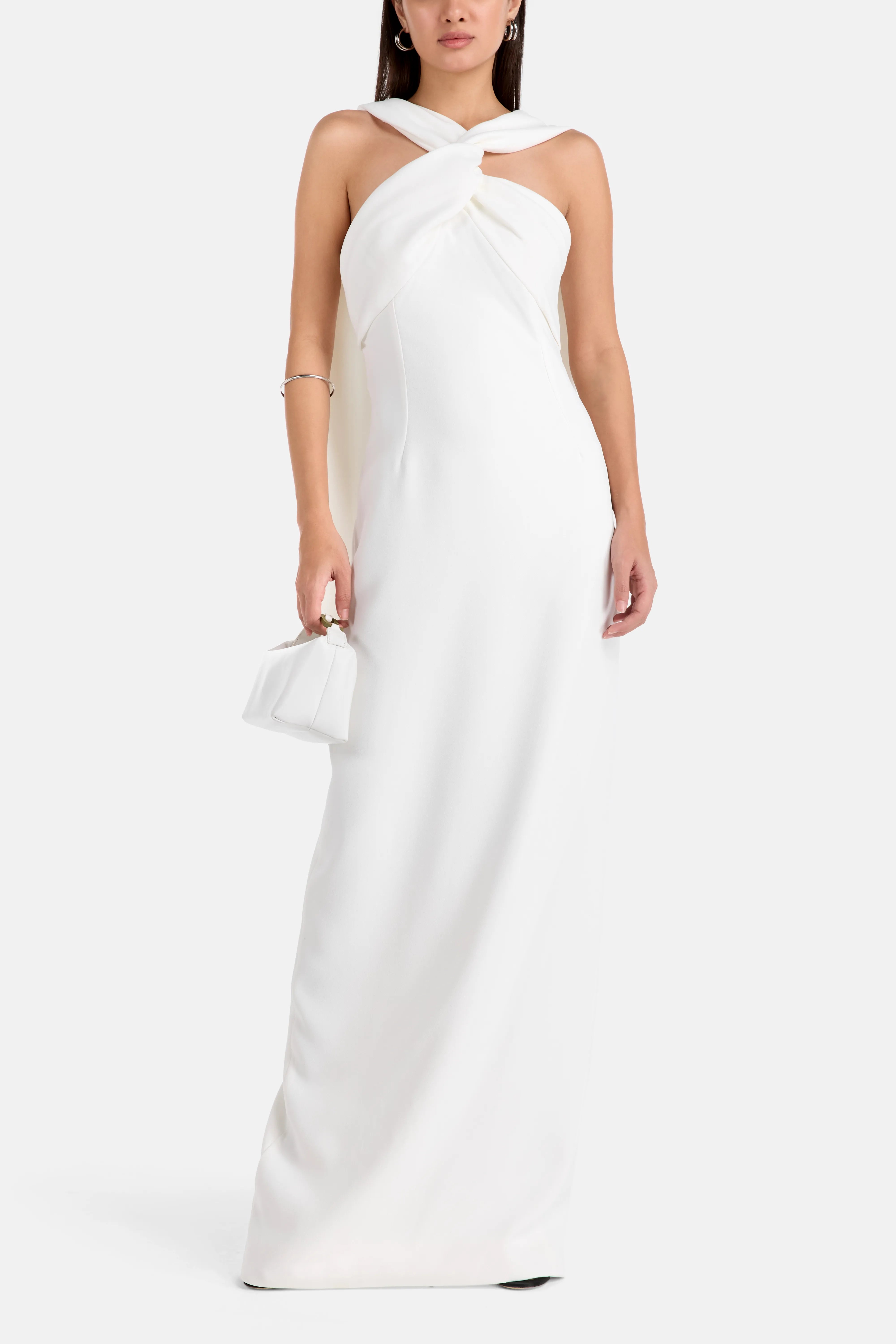 Rona Halter Neck Sleeveless Evening Dress in White with Scarf