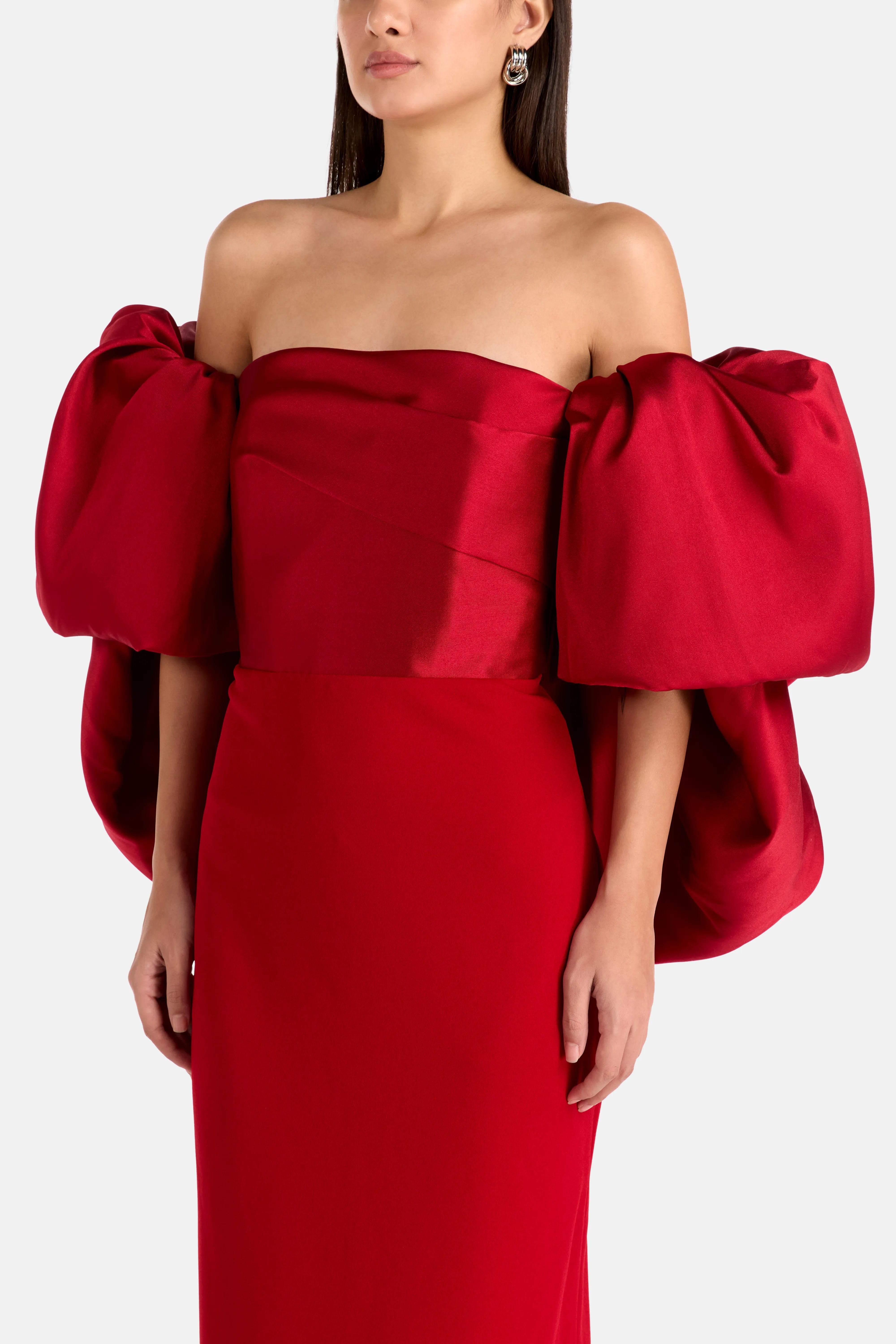 Floris Off Shoulder Puff Sleeves Evening Dress in Red