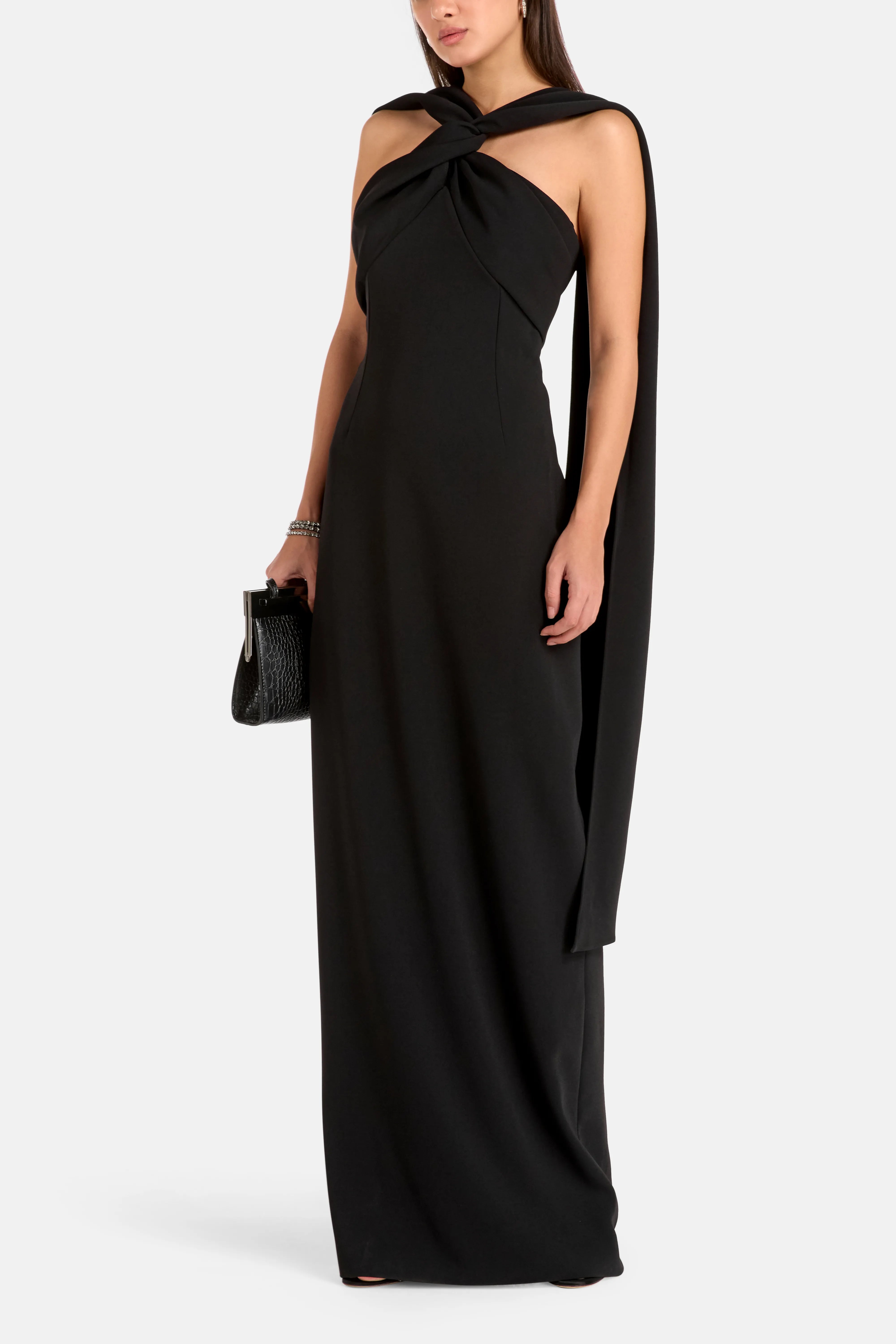 Rona Halter Neck Sleeveless Evening Dress in Black with Scarf