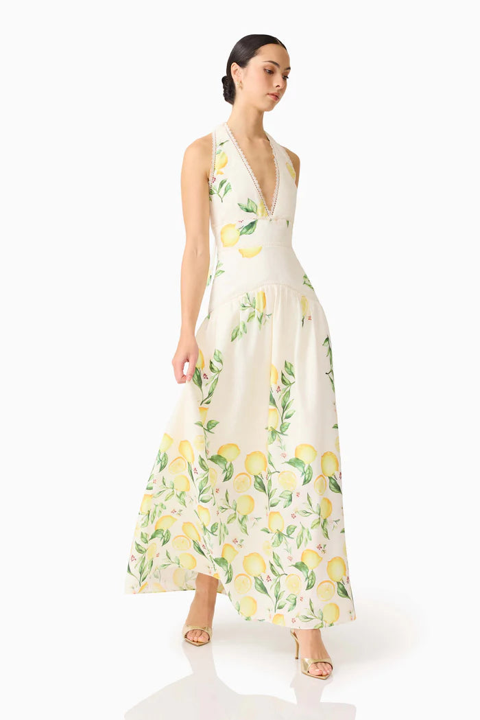 Hana Halter Lemon Printed Sleeveless Maxi Dress in Yellow