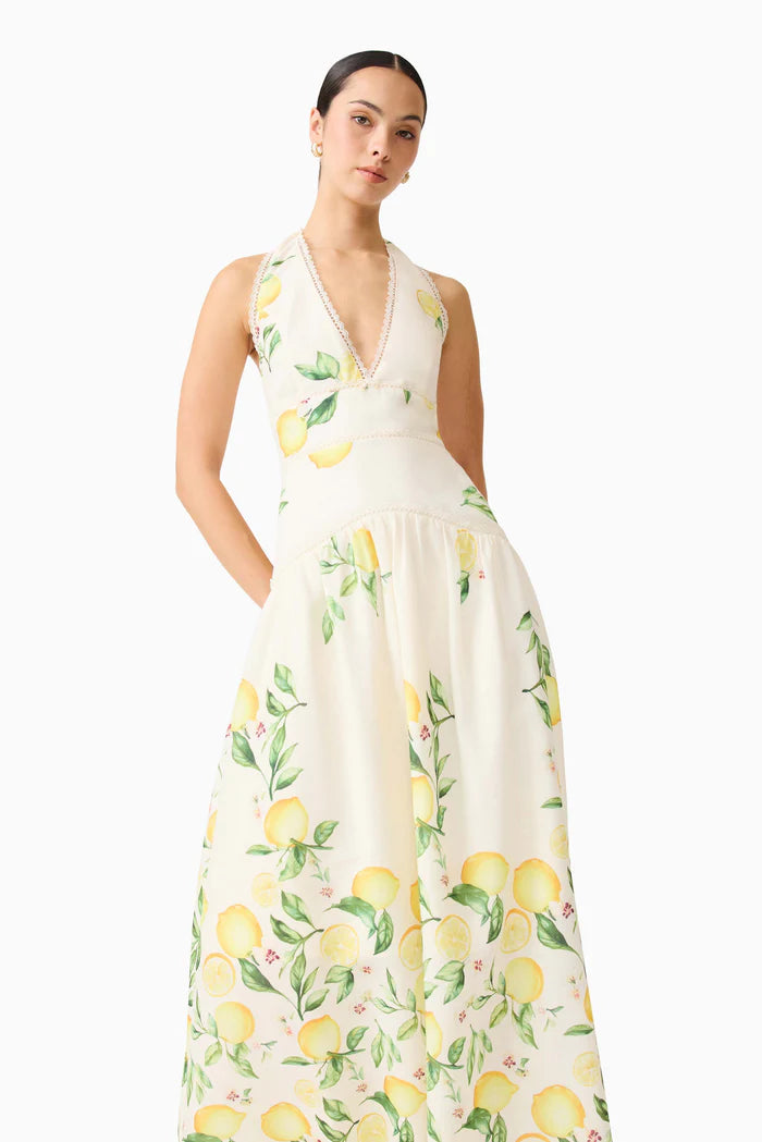 Hana Halter Lemon Printed Sleeveless Maxi Dress in Yellow