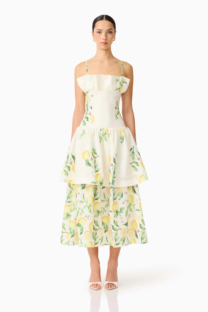 Hana Tiered Lemon Printed Sleeveless Maxi Dress in Yellow