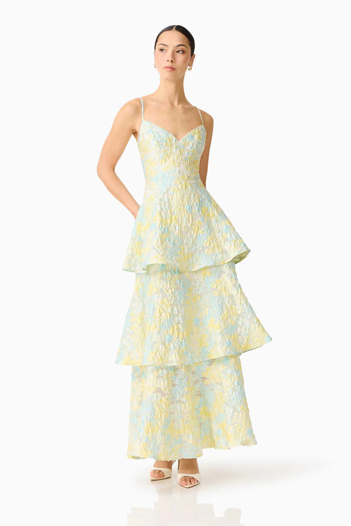 Penelope Tiered Floral Sleeveless Maxi Dress in Yellow