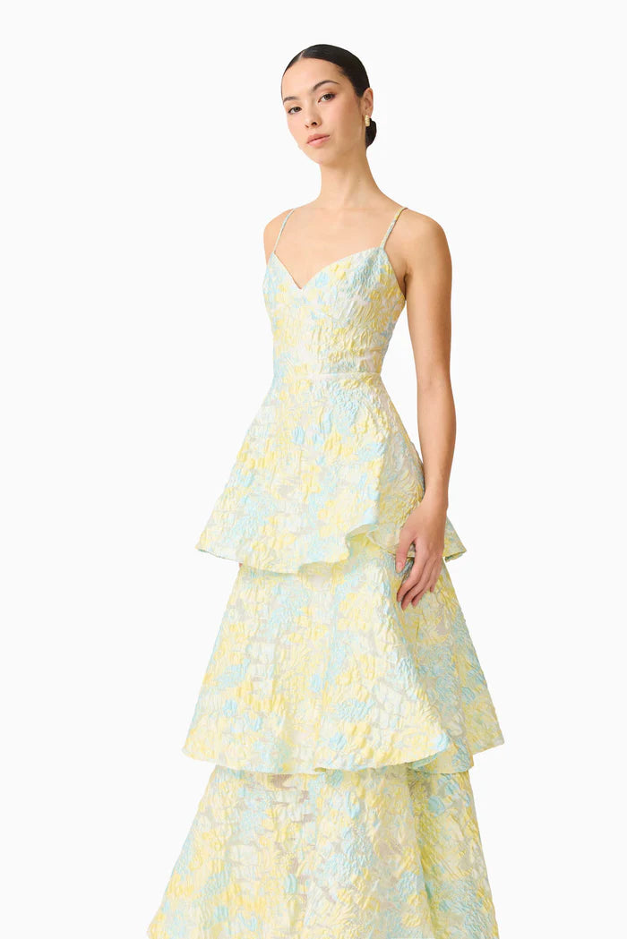 Penelope Tiered Floral Sleeveless Maxi Dress in Yellow