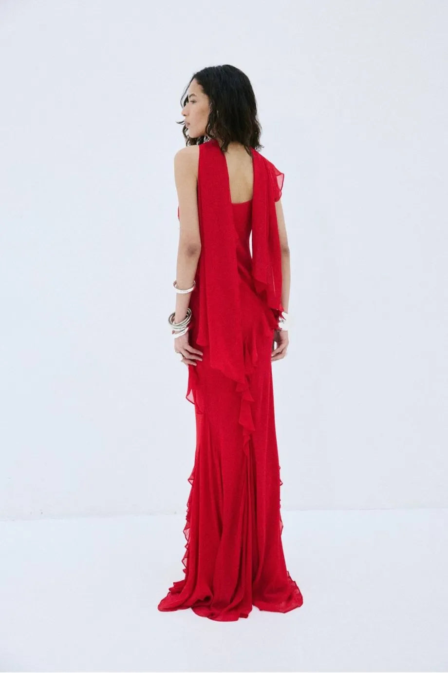 Mayara Viscose Georgette Sleeveless Ruffles Maxi Dress in Red with Cape
