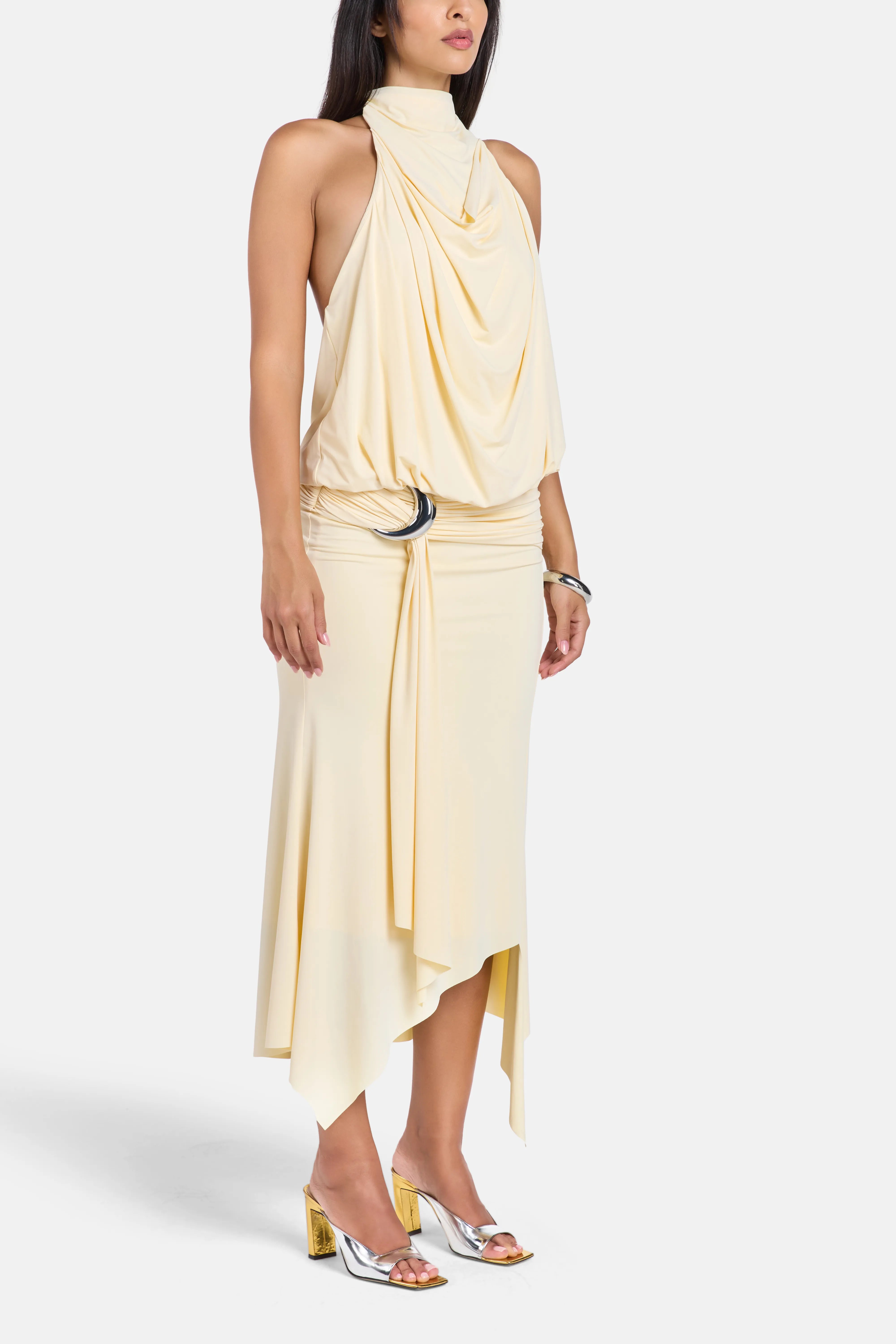 Vida Spandex Jersey Halter Neck Midi Dress in White