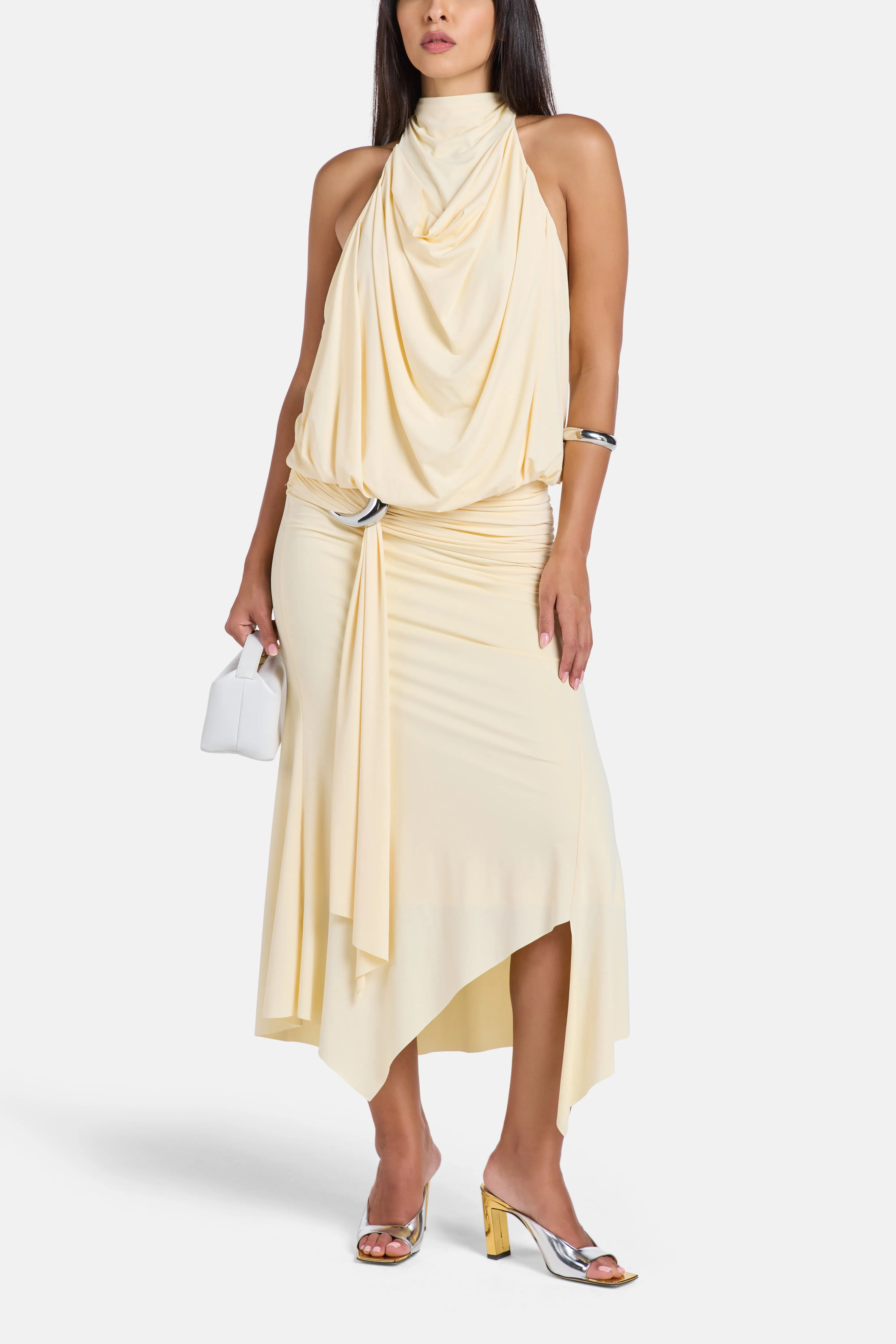Vida Spandex Jersey Halter Neck Midi Dress in White