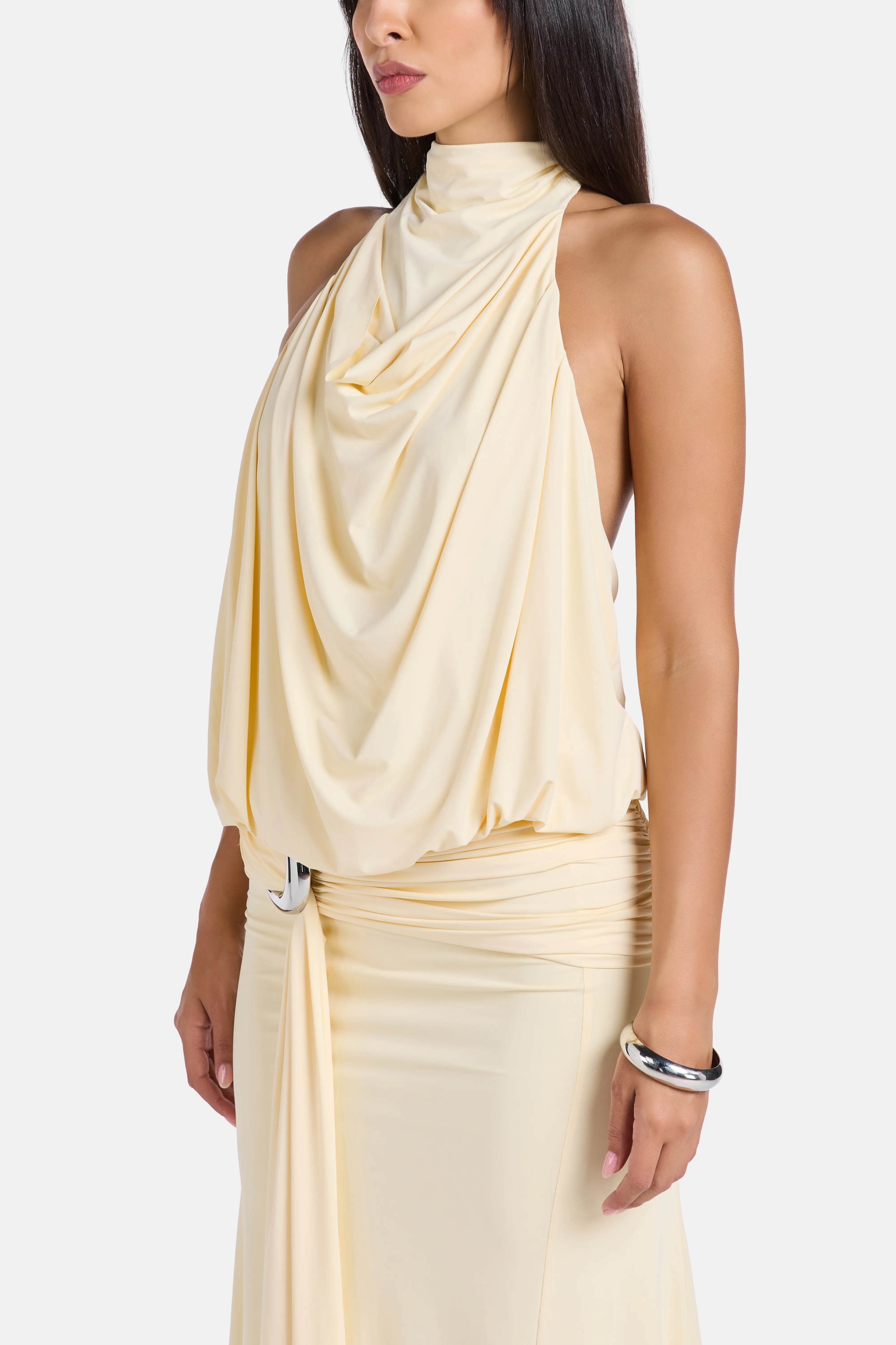 Vida Spandex Jersey Halter Neck Midi Dress in White