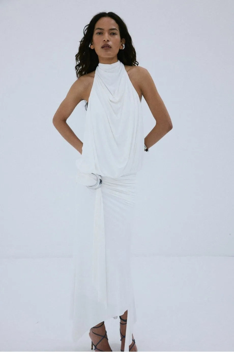 Vida Spandex Jersey Halter Neck Midi Dress in White