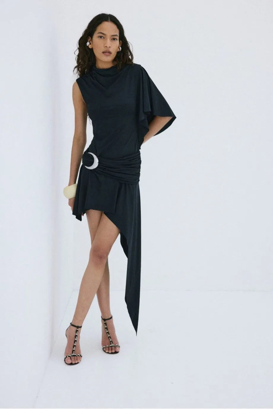 Titan One Shoulder Spandex Jersey Mini Dress in Black