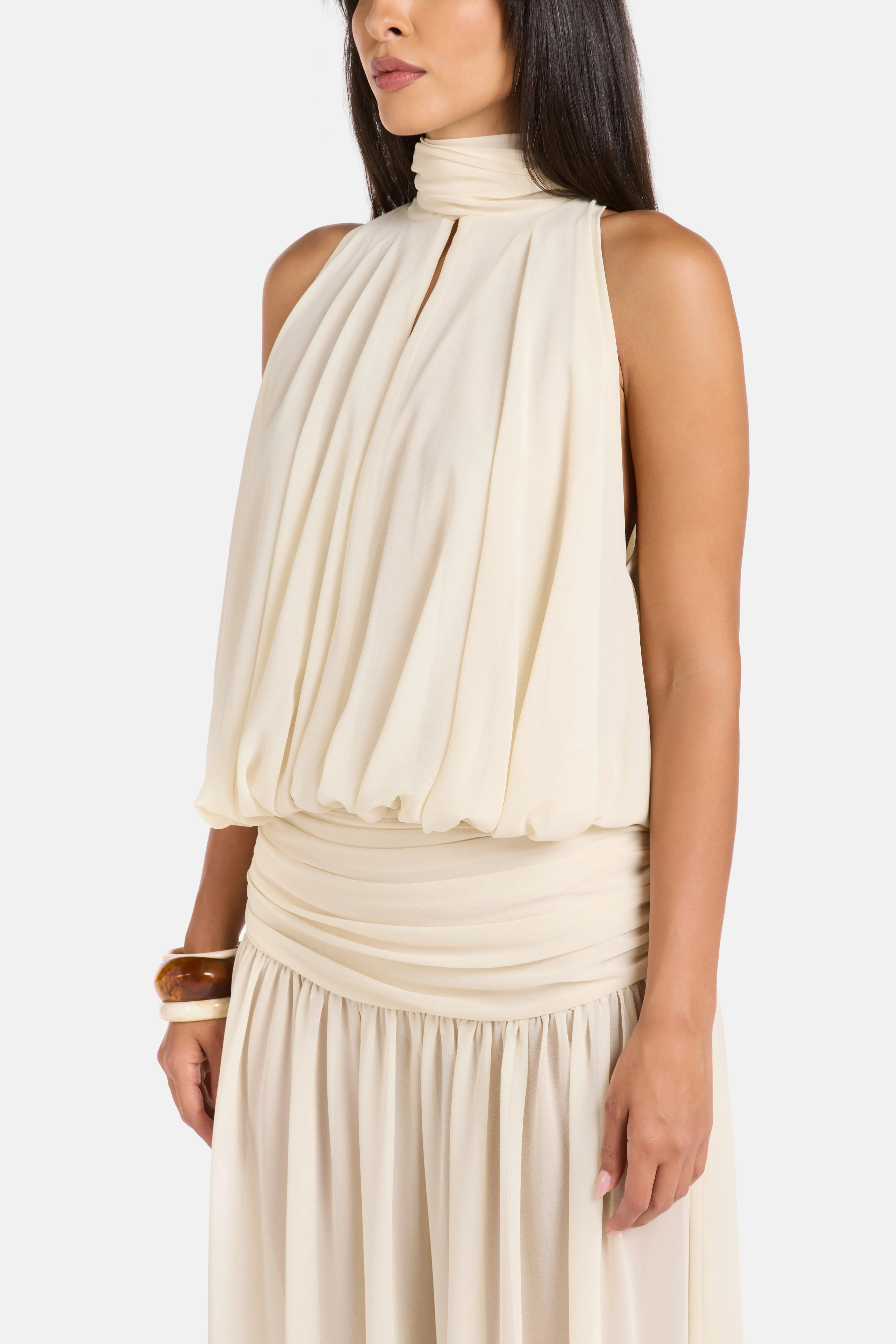 Cruz Chiffon Halter Neck Sleeveless Maxi Dress in White with Scarf