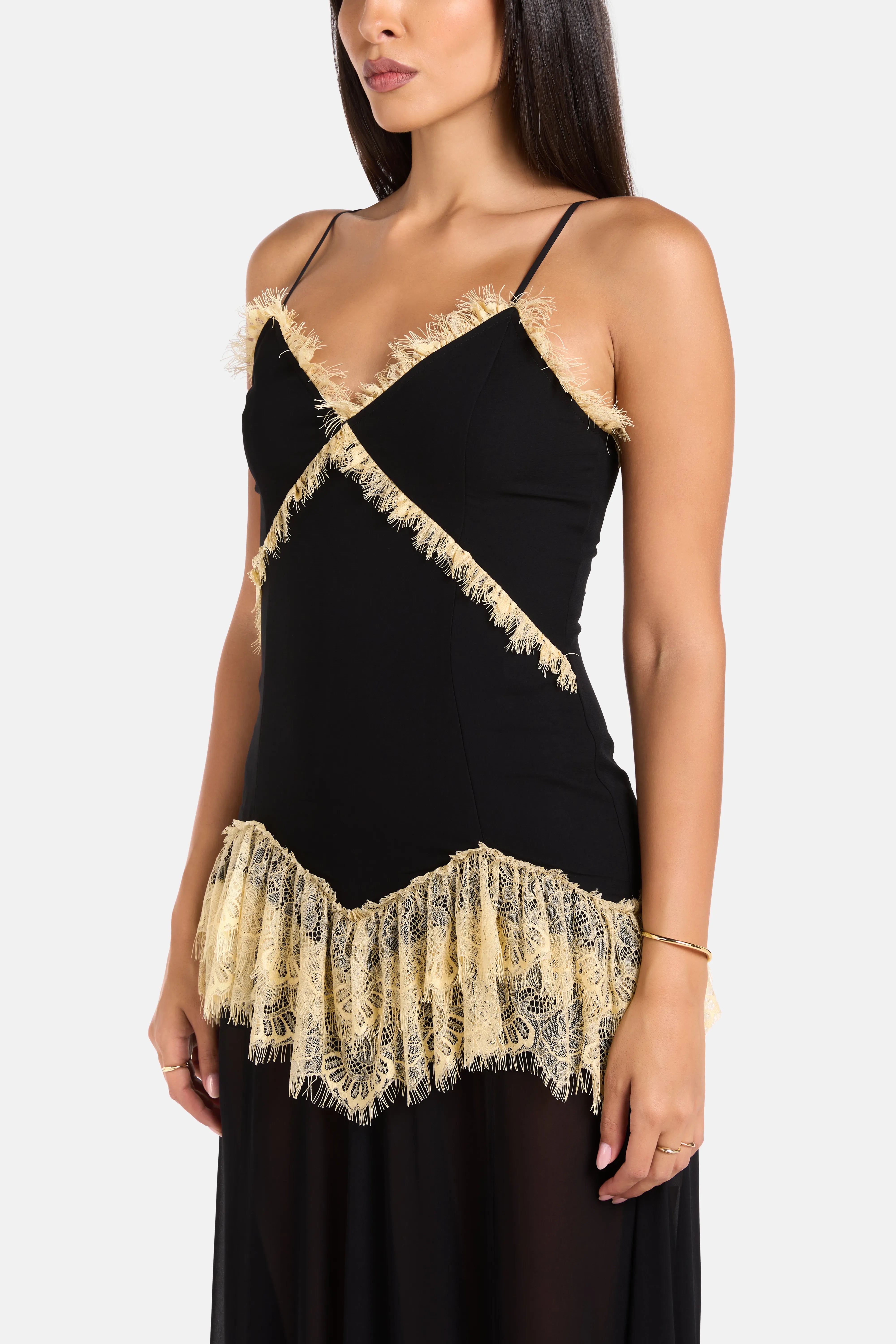 Estela Viscose Georgette Lace Sleeveless Maxi Dress in Black