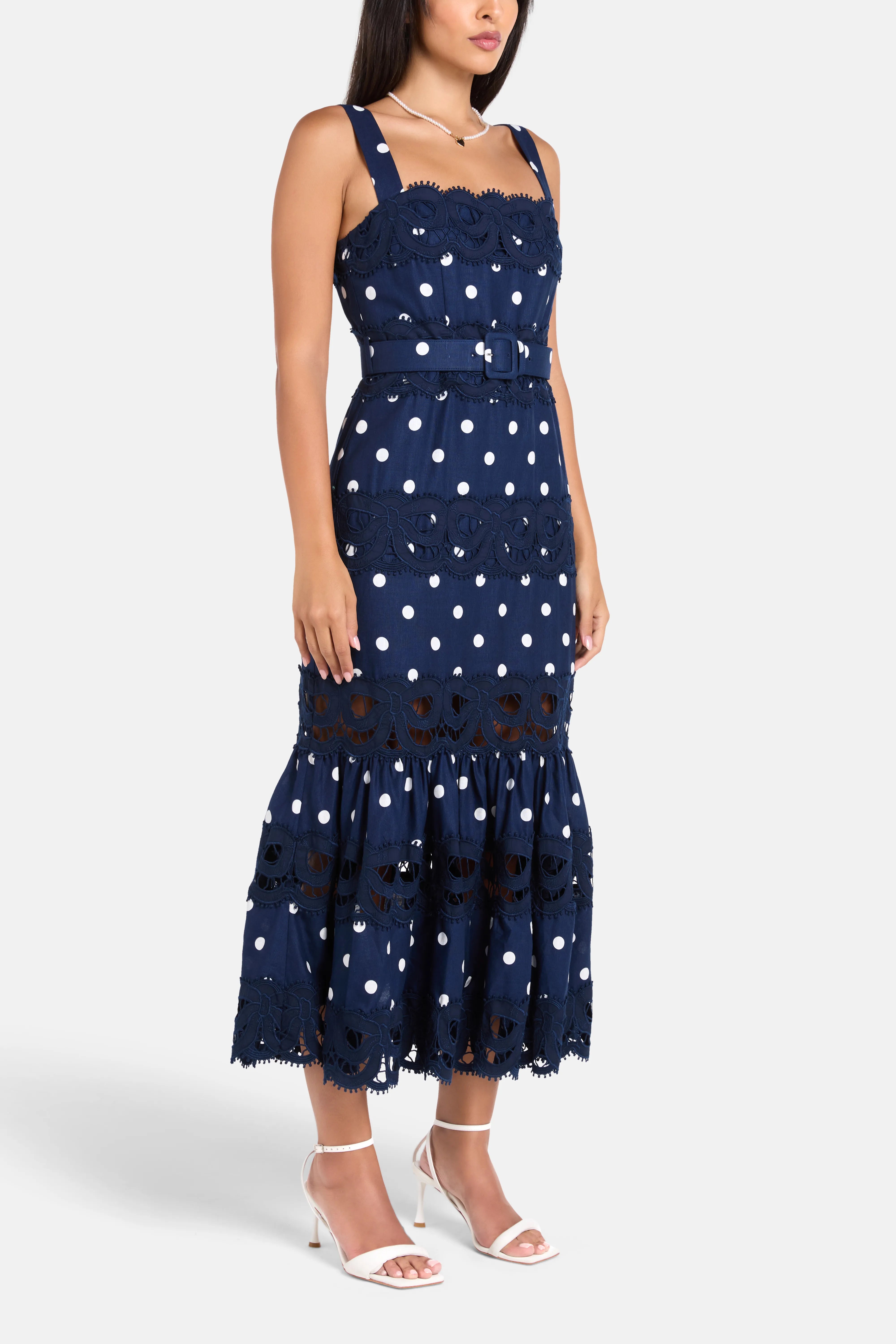 Polka Dot Sleeveless Linen Cotton Midi Dress in Blue