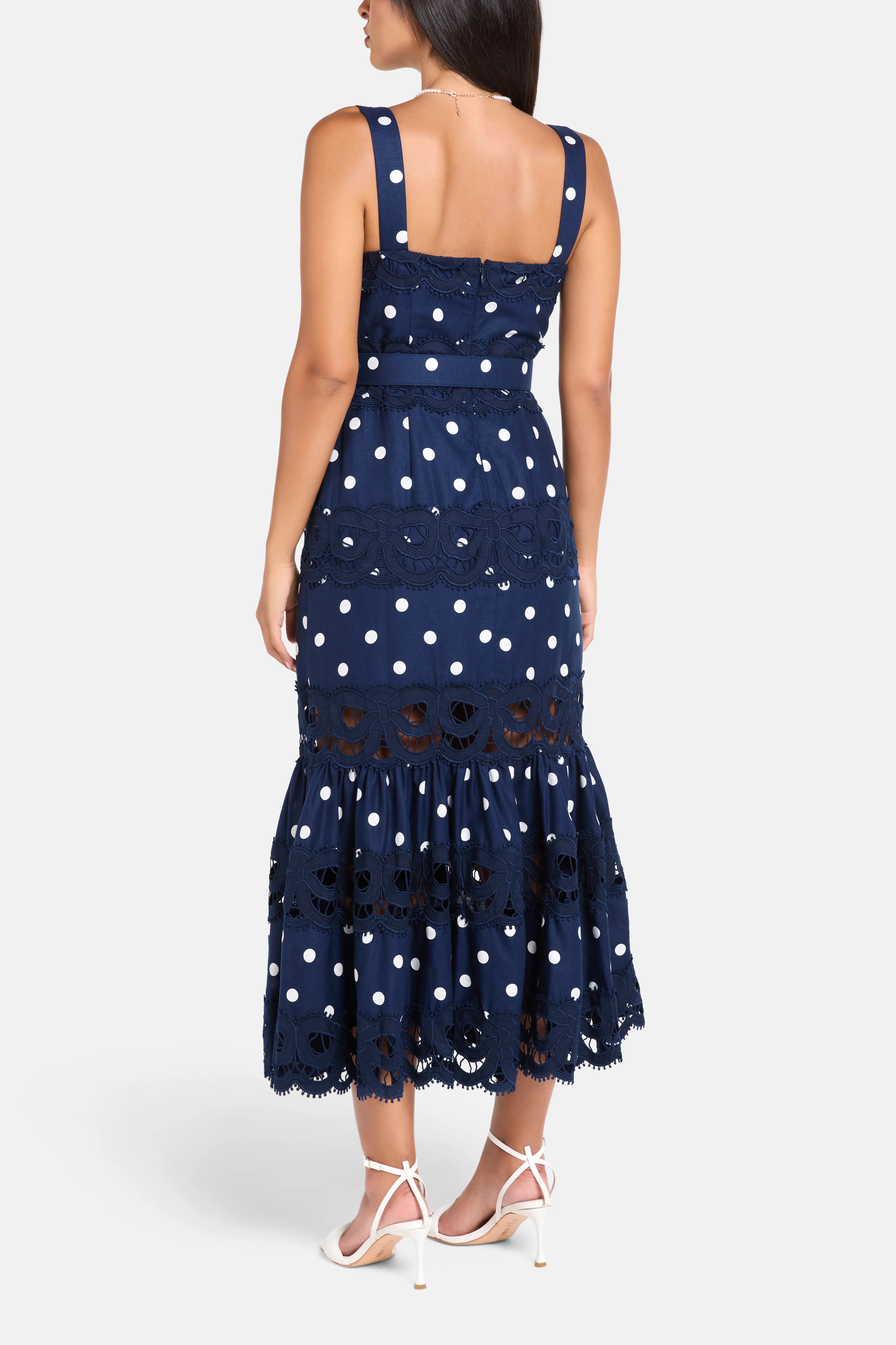Polka Dot Sleeveless Linen Cotton Midi Dress in Blue