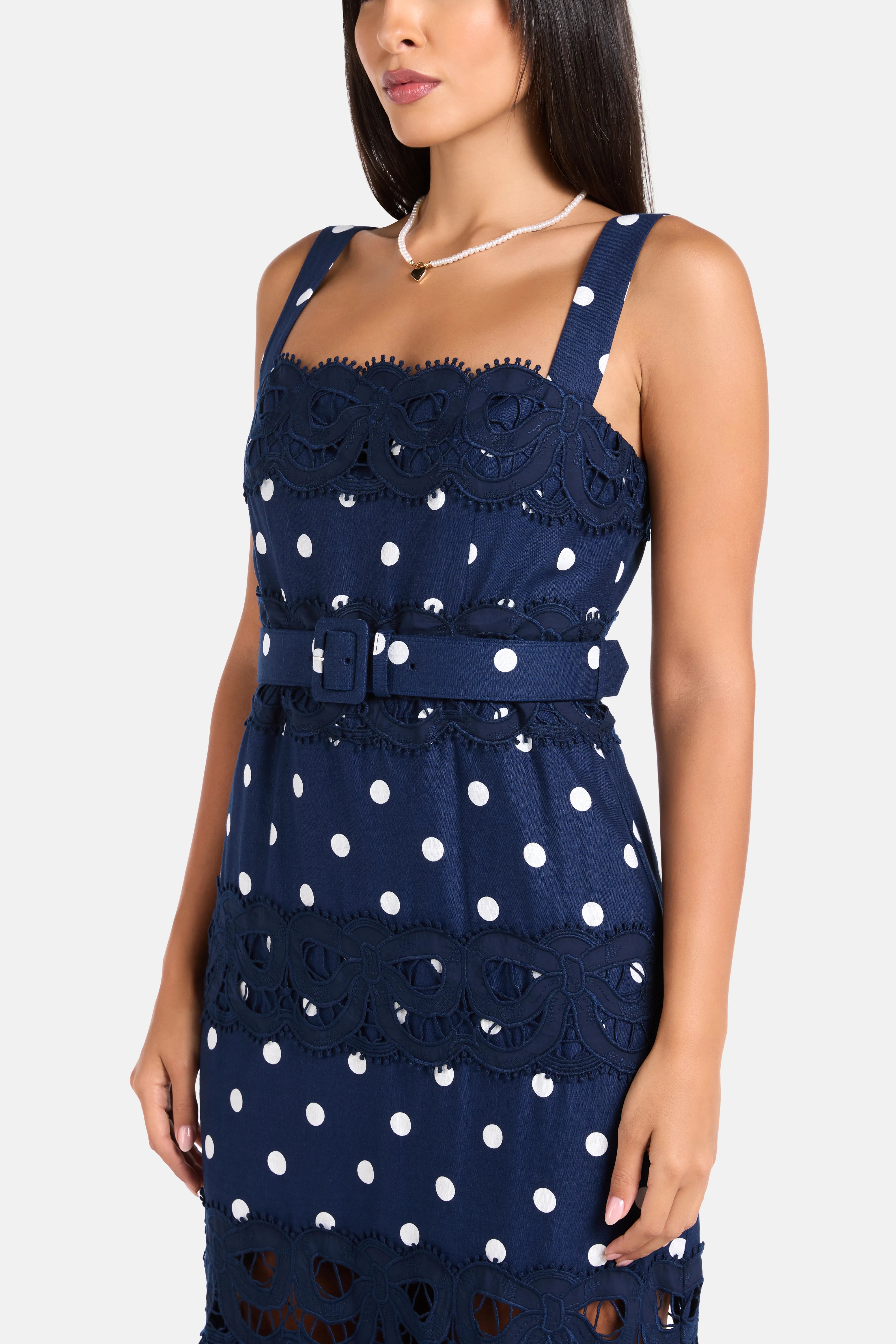 Polka Dot Sleeveless Linen Cotton Midi Dress in Blue