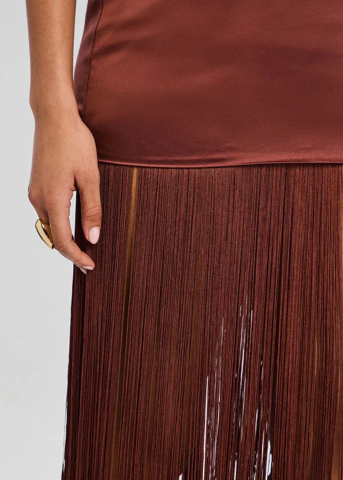 Cyrelle Sleeveless Fringes Mini Dress in Brown