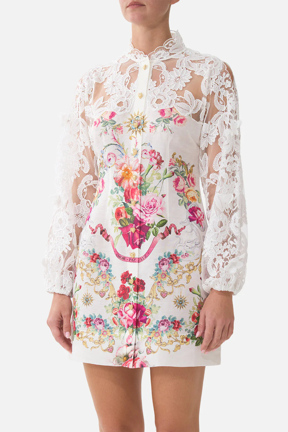 Torero Libertine Floral Lace Linen Mini Dress in White